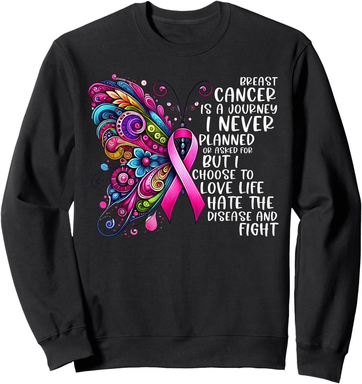 Support Fighter Warrior Pink Vibes Gifts Women Butterfly Breast Cancer Awareness Pink Ribbon Cancer Journey Sweatshirt - Sweatshirt | Black