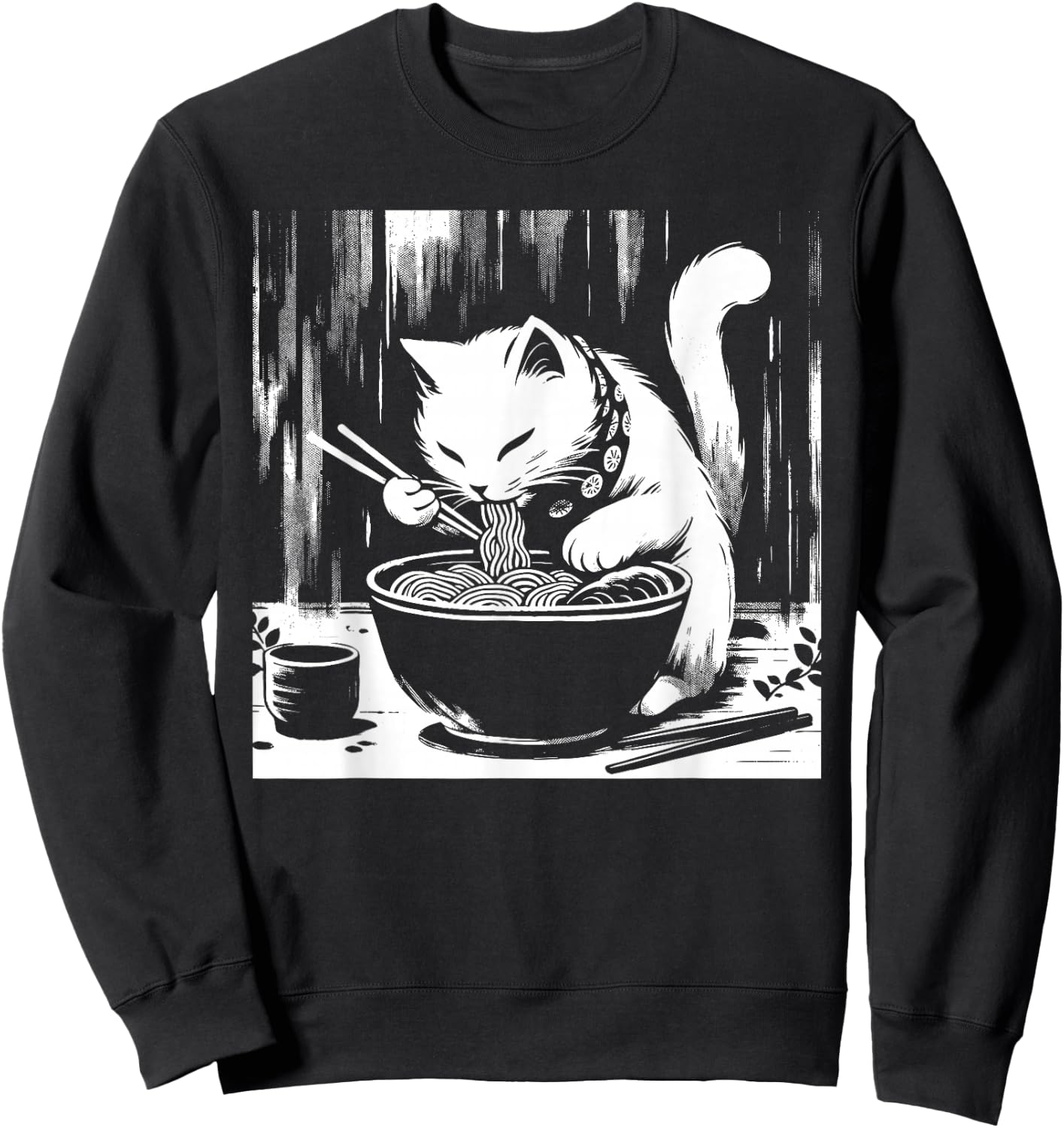 Retro Japanese Kawaii Anime Ramen Men Kids Women Cat Ramen Sweatshirt - Sweatshirt | Black