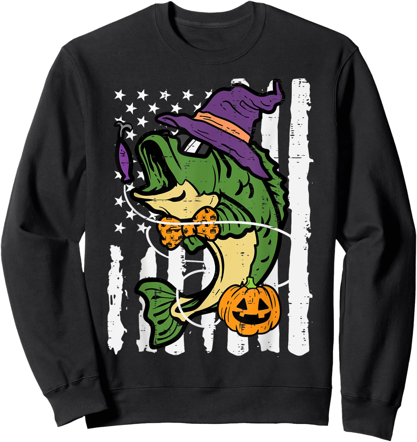 Halloween Bass Fish US Flag Costume Patriot Men Kids Women Sweatshirt - Sweatshirt | Black