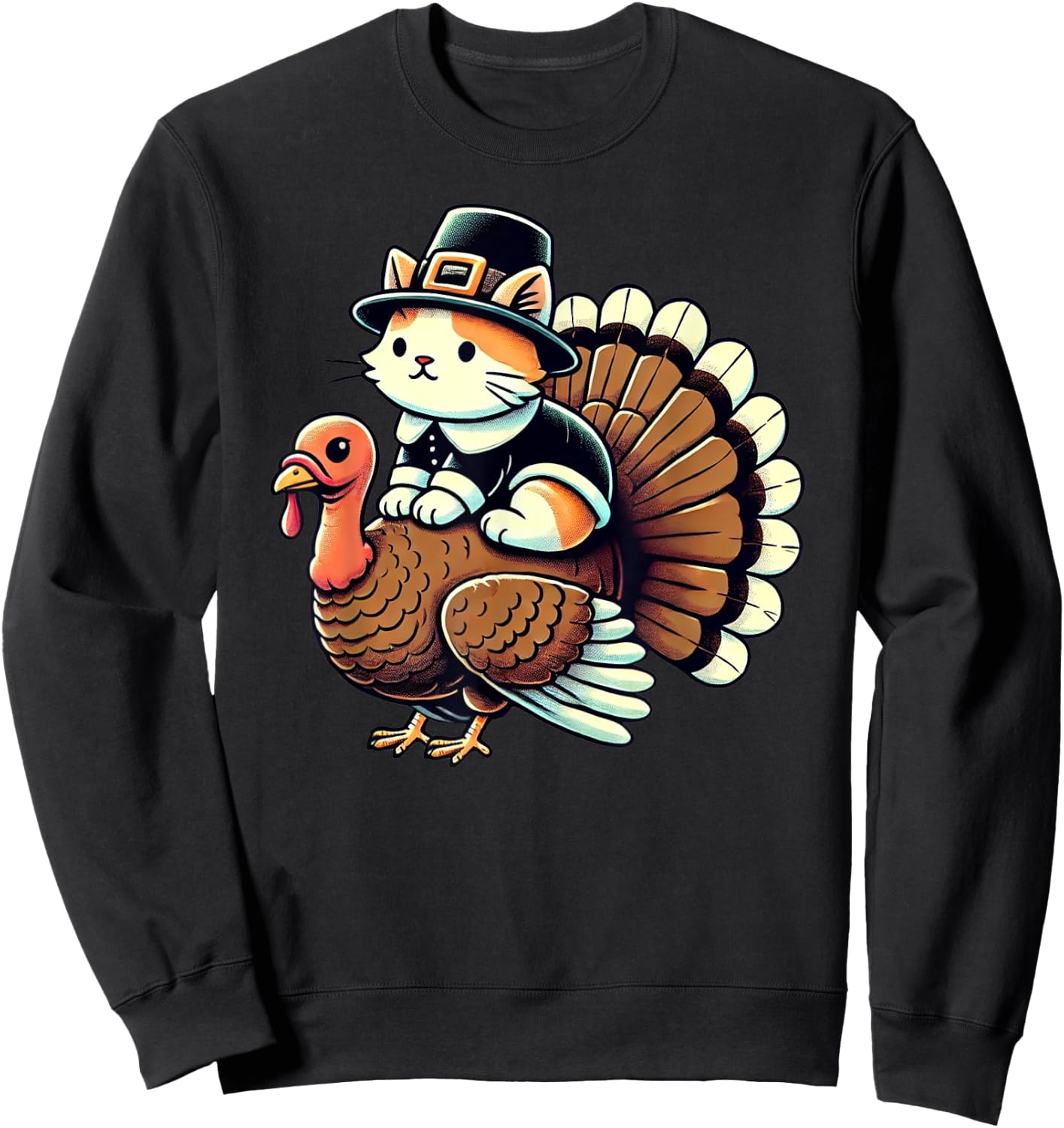 Pilgrim Cat Costume On Turkey Funny Thanksgiving Turkey Sweatshirt - Sweatshirt | Black