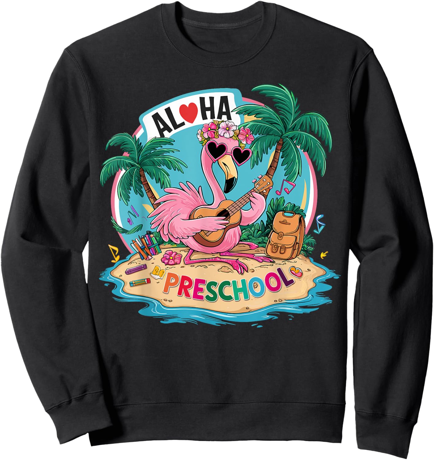 Aloha Preschool Flamingo Hawaii Back to School Kids Girl Sweatshirt - Sweatshirt | Black