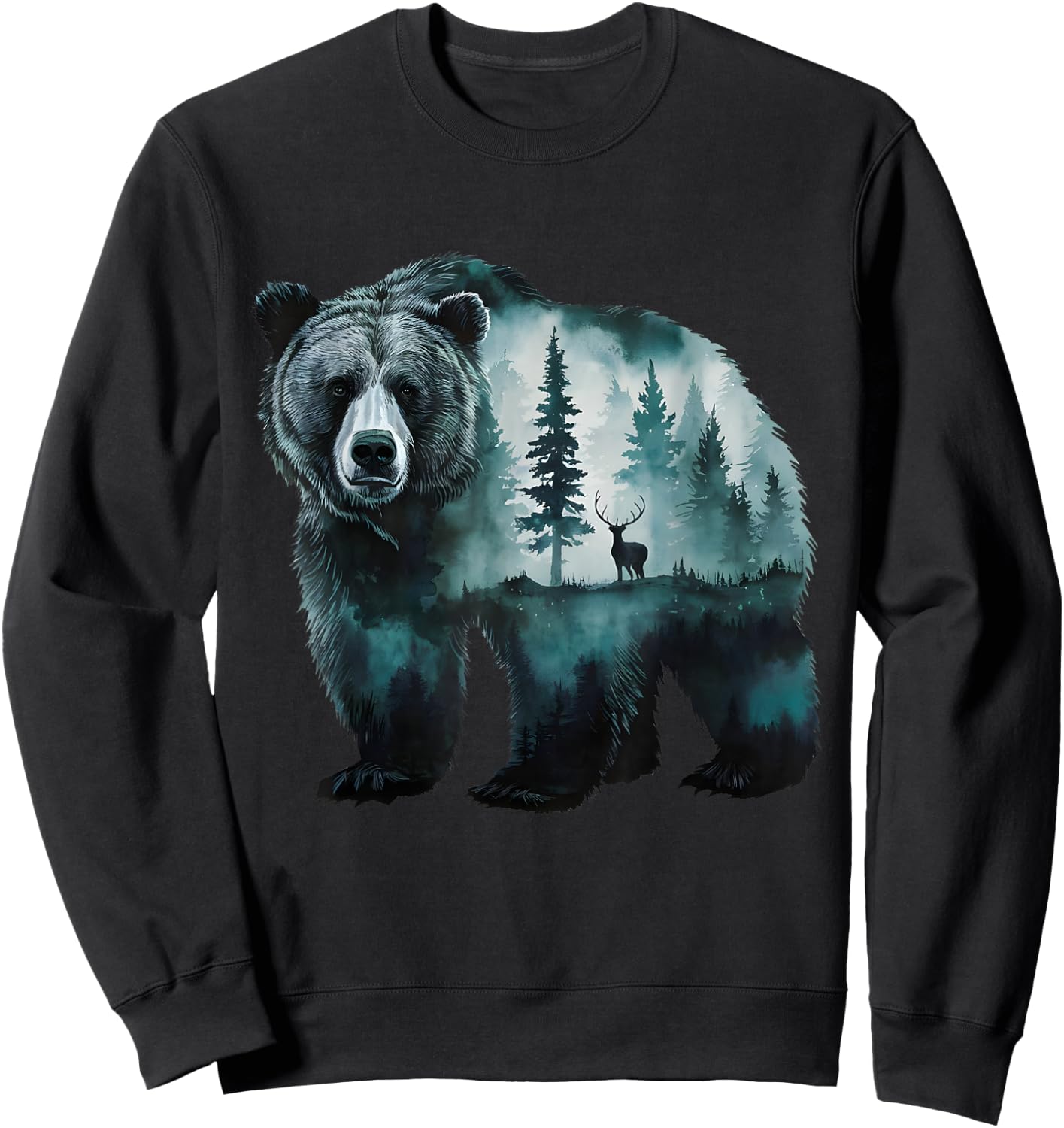 Majestic Grizzly Bear Deer Forest Scenic Nature Wildlife Art Sweatshirt - Sweatshirt | Black