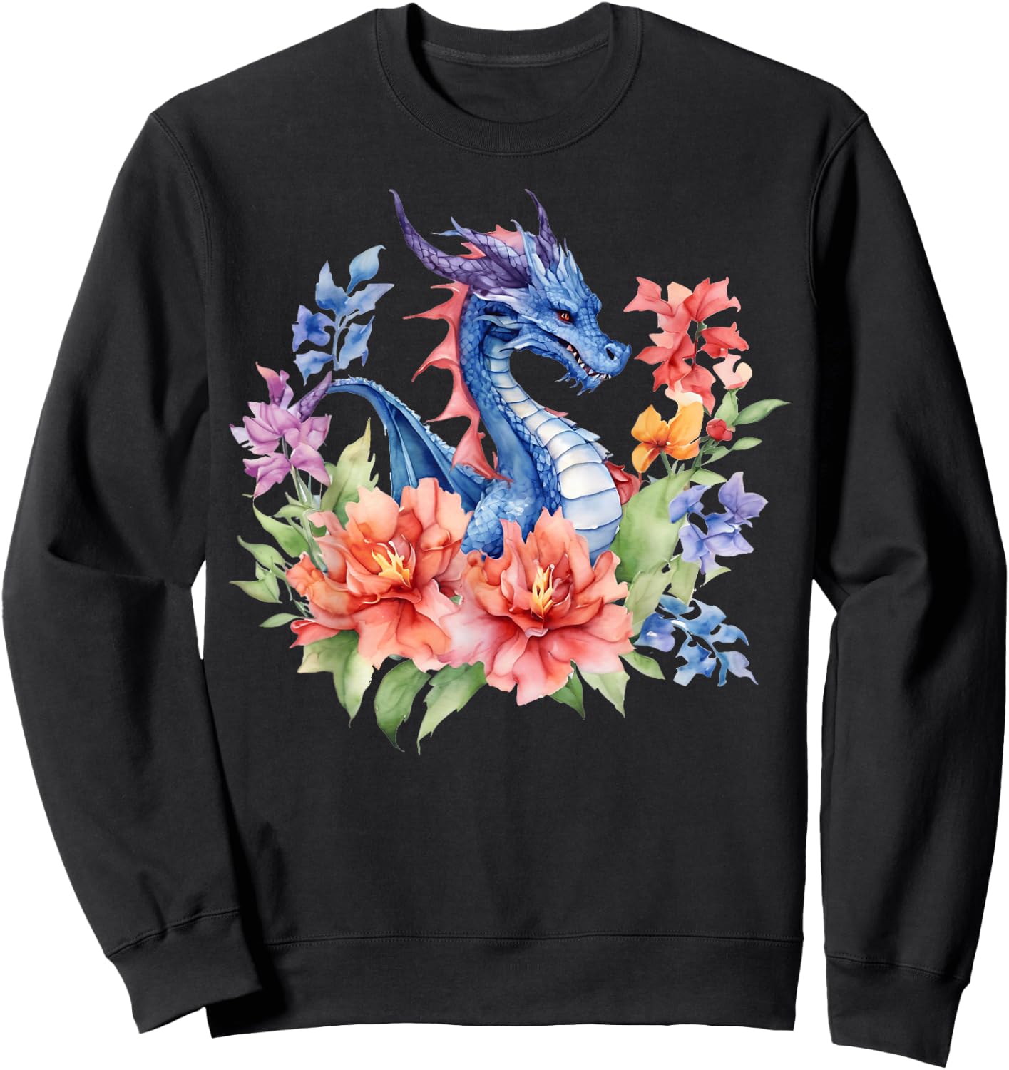 Watercolor Dragon Flowers Beautiful Art Colorful Graphic Sweatshirt - Sweatshirt | Black