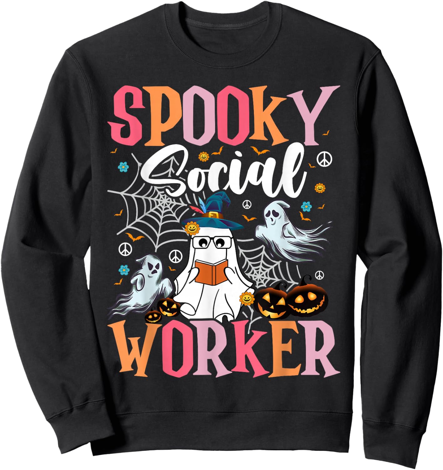 Groovy Retro Ghost Spooky Social Worker Halloween Costume Sweatshirt - Sweatshirt | Black