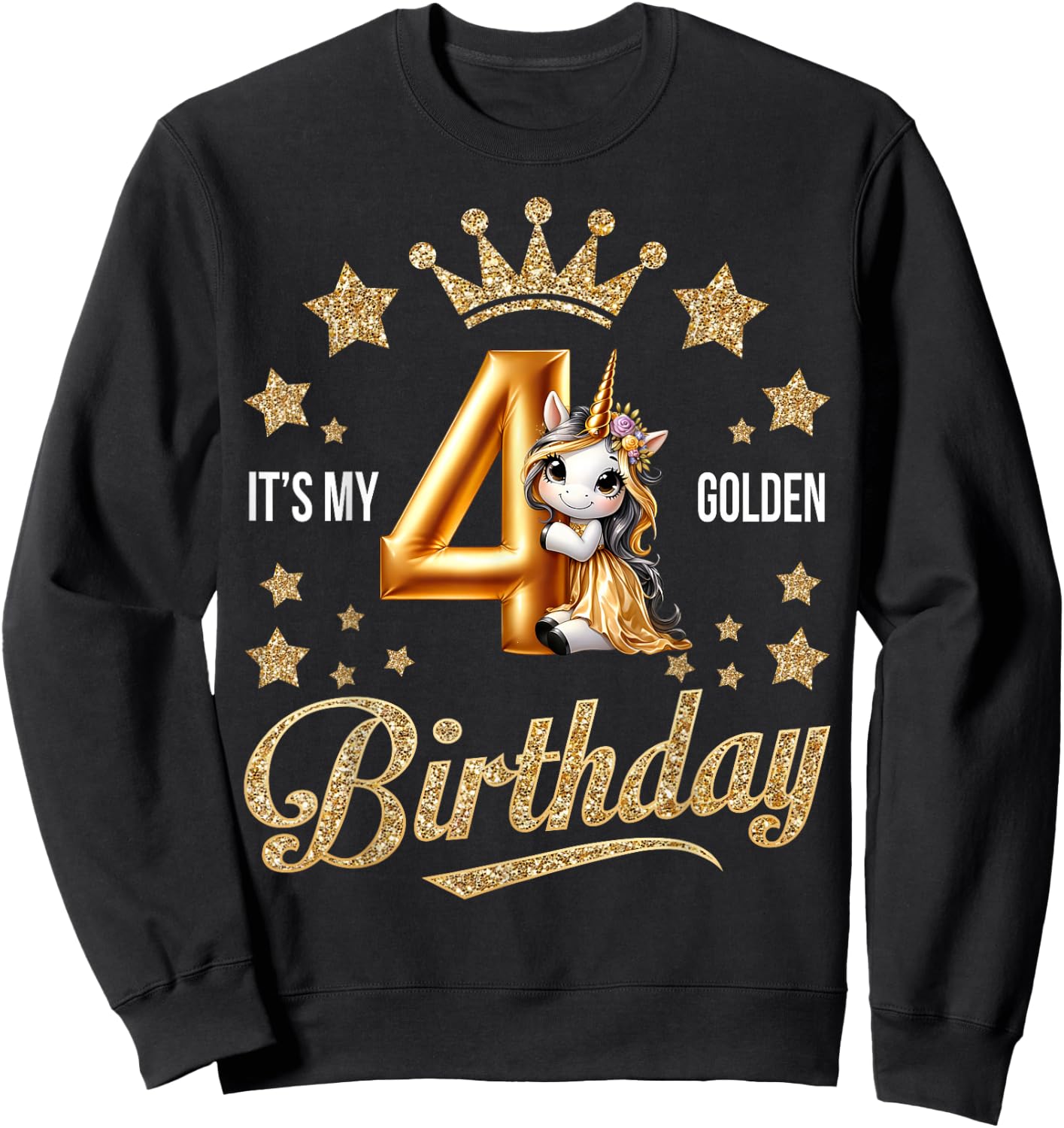 It's My 4th Golden Birthday 4 Year Old Bday Kids Groovy Sweatshirt - Sweatshirt | Black