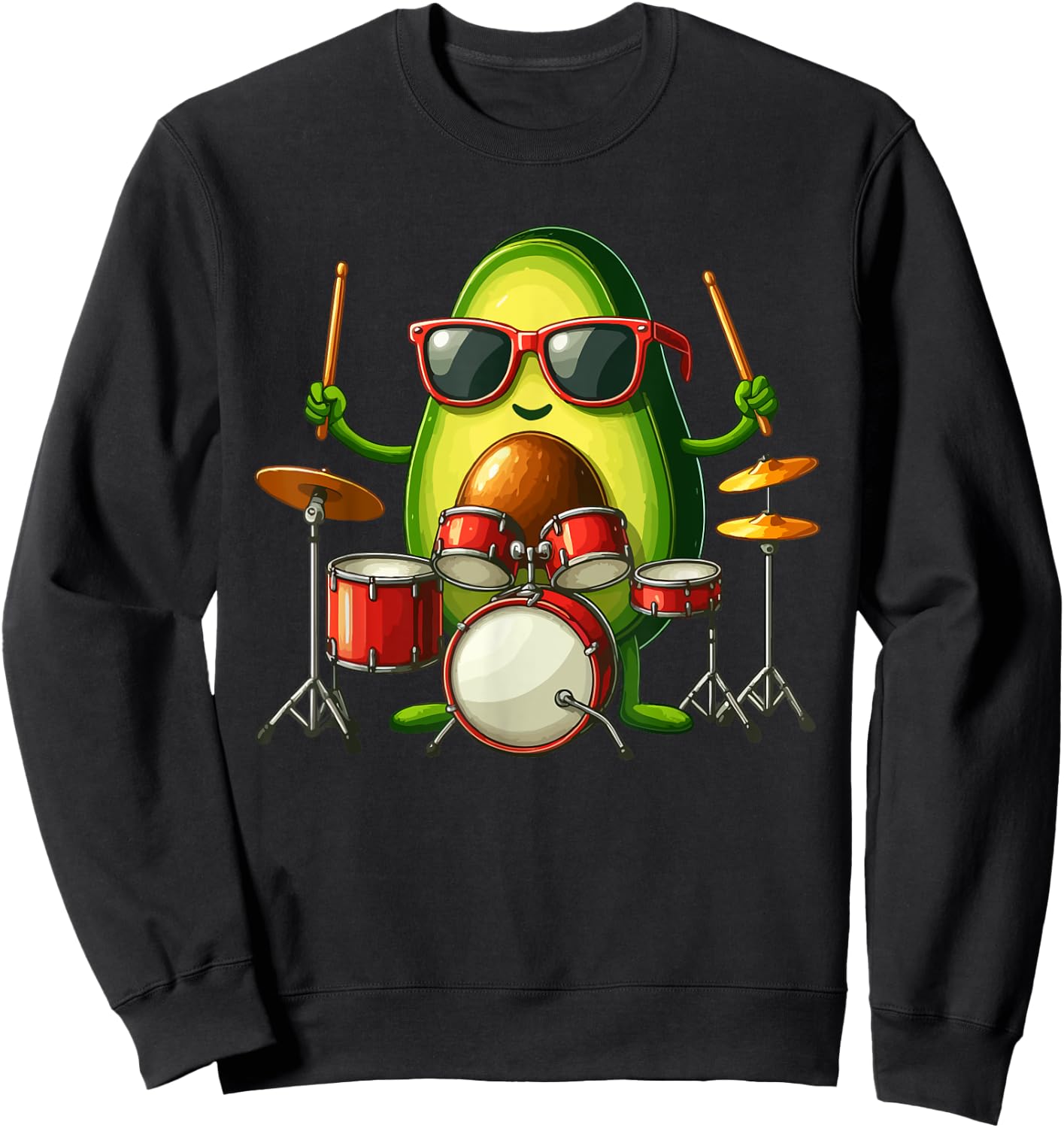 Avocado Sunglasses Playing Drum Funny Fruit Instrument Sweatshirt - Sweatshirt | Black