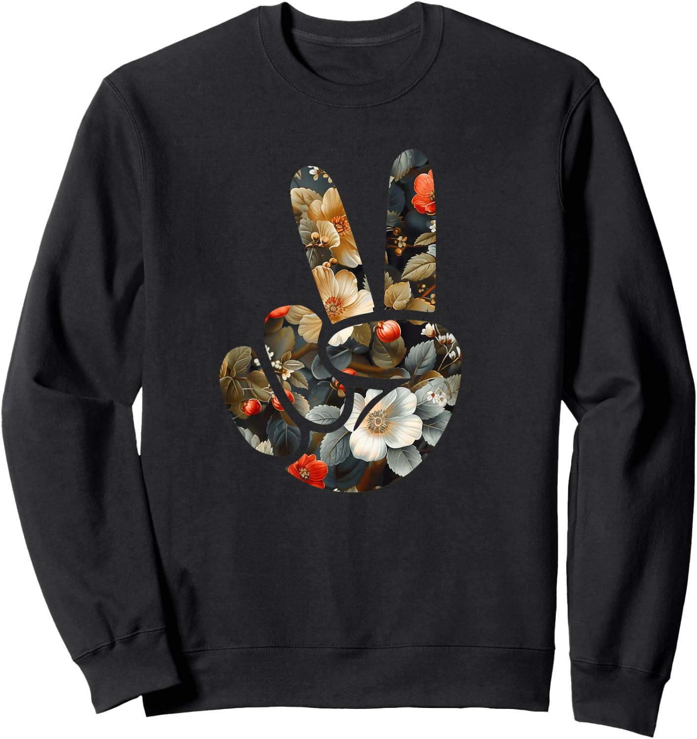 Elegant Silhouette Wildflowers Floral Peace Sign Hand Sweatshirt - Sweatshirt | Black