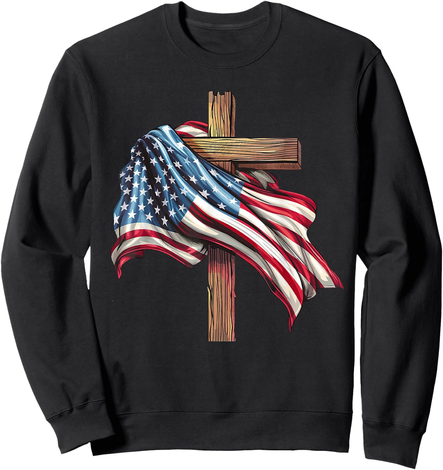 American Flag Cross for Patriotic USA Christians Distressed Sweatshirt - Sweatshirt | Black