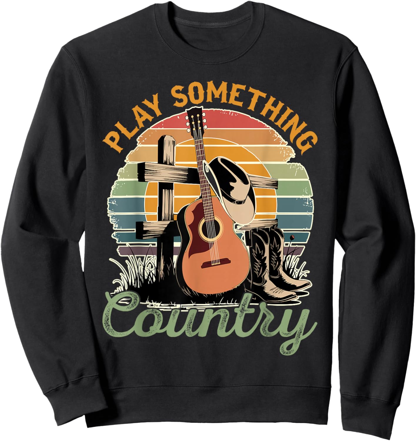 Funny Loves Country Music Country Music Festival Play Something Country -Adults Black Small Modern Classic U-Neck Short Sleeve Sweatshirt - Sweatshirt | Black