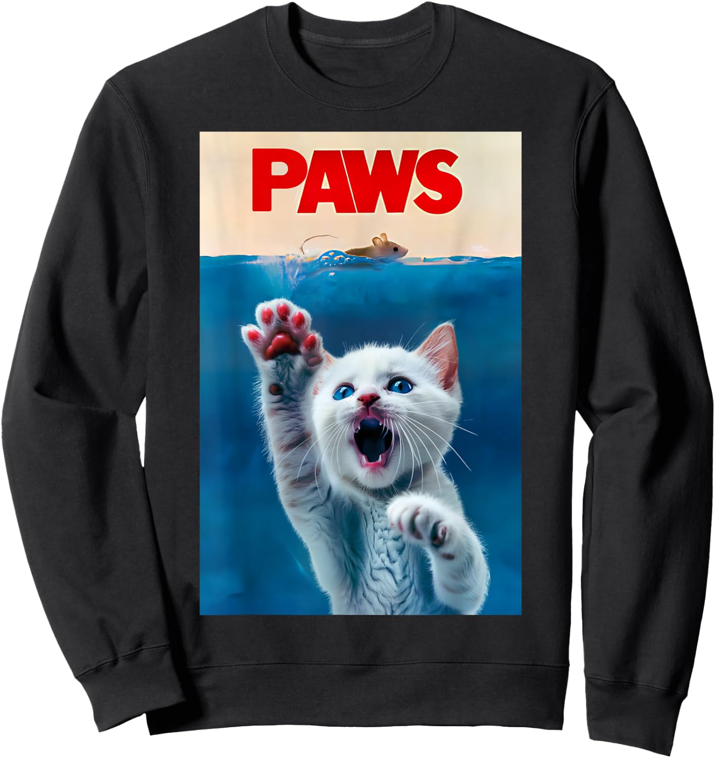 PAWS Funny Cat parody cat Lover Gift Kitten Shark Mouse meow Sweatshirt - Sweatshirt | Black