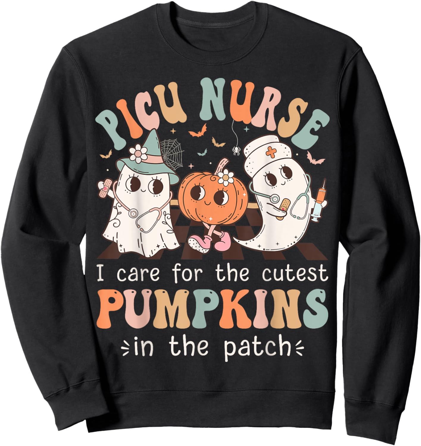 Groovy PICU Nurse Halloween Costume Ghost Peds Nurse Sweatshirt - Sweatshirt | Black