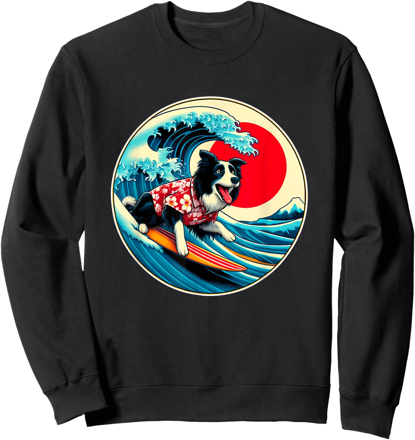 Great Wave Kanagawa Border Collie dog Surfing Women Kids Sweatshirt - Sweatshirt | Black