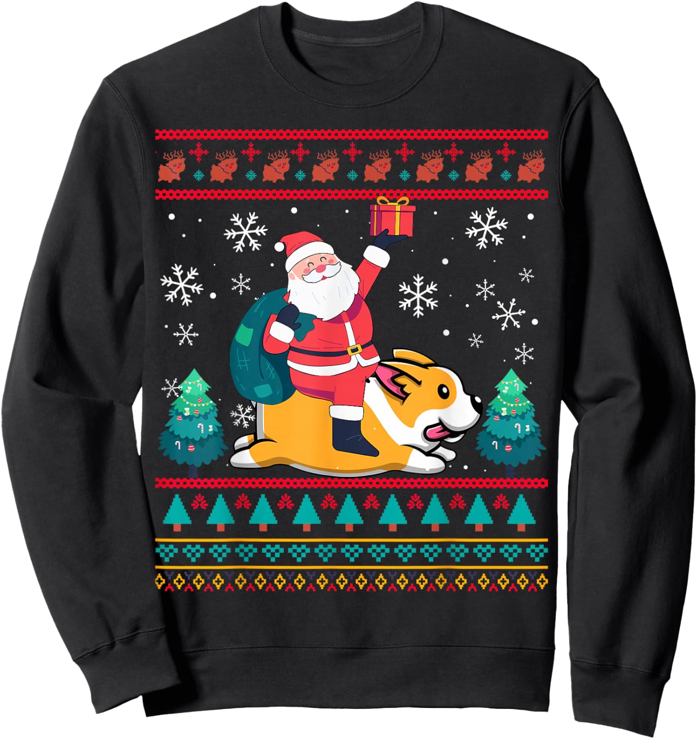Xmas Sweater Ugly Santa Riding Corgi Dog Christmas Women Kids Sweatshirt - Sweatshirt | Black