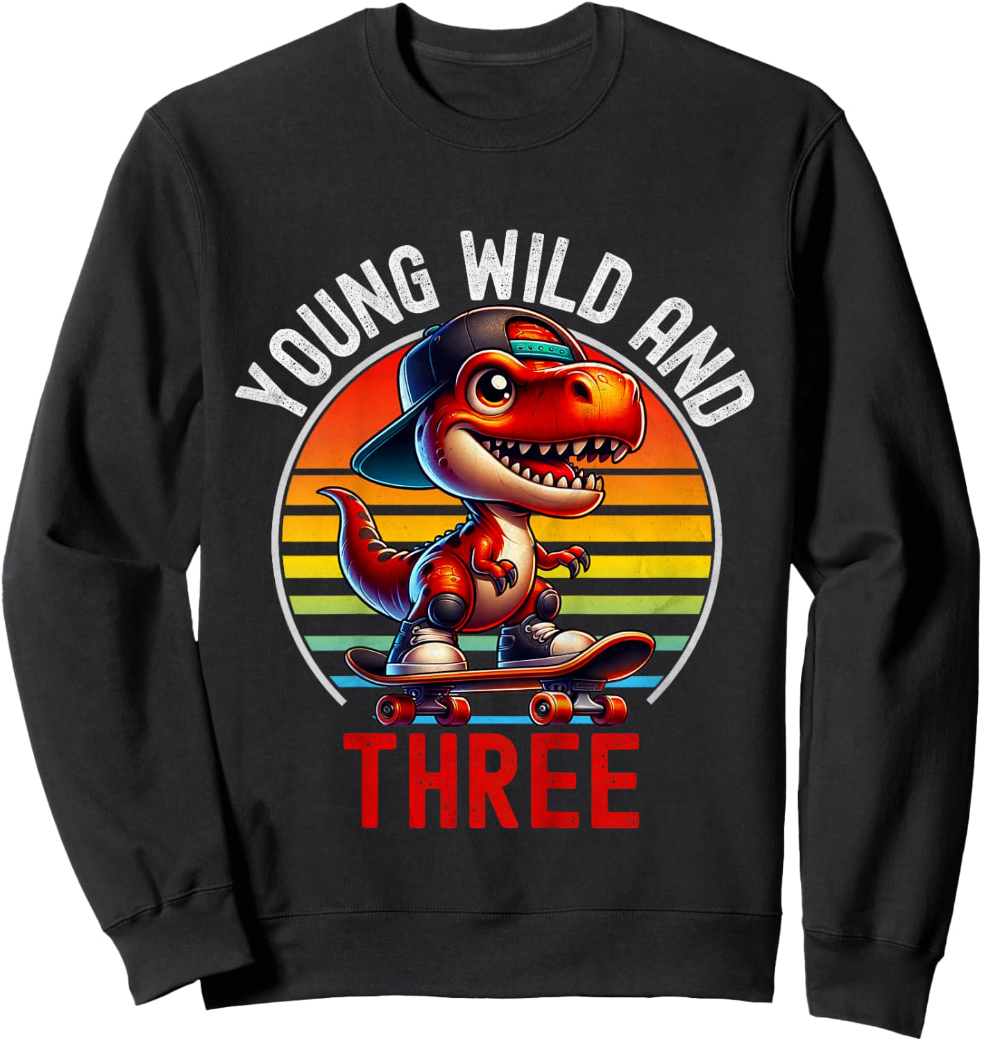 Kids Young Wild & Three T-Rex 3rd Birthday Retro skater Dinosaur Sweatshirt - Sweatshirt | Black