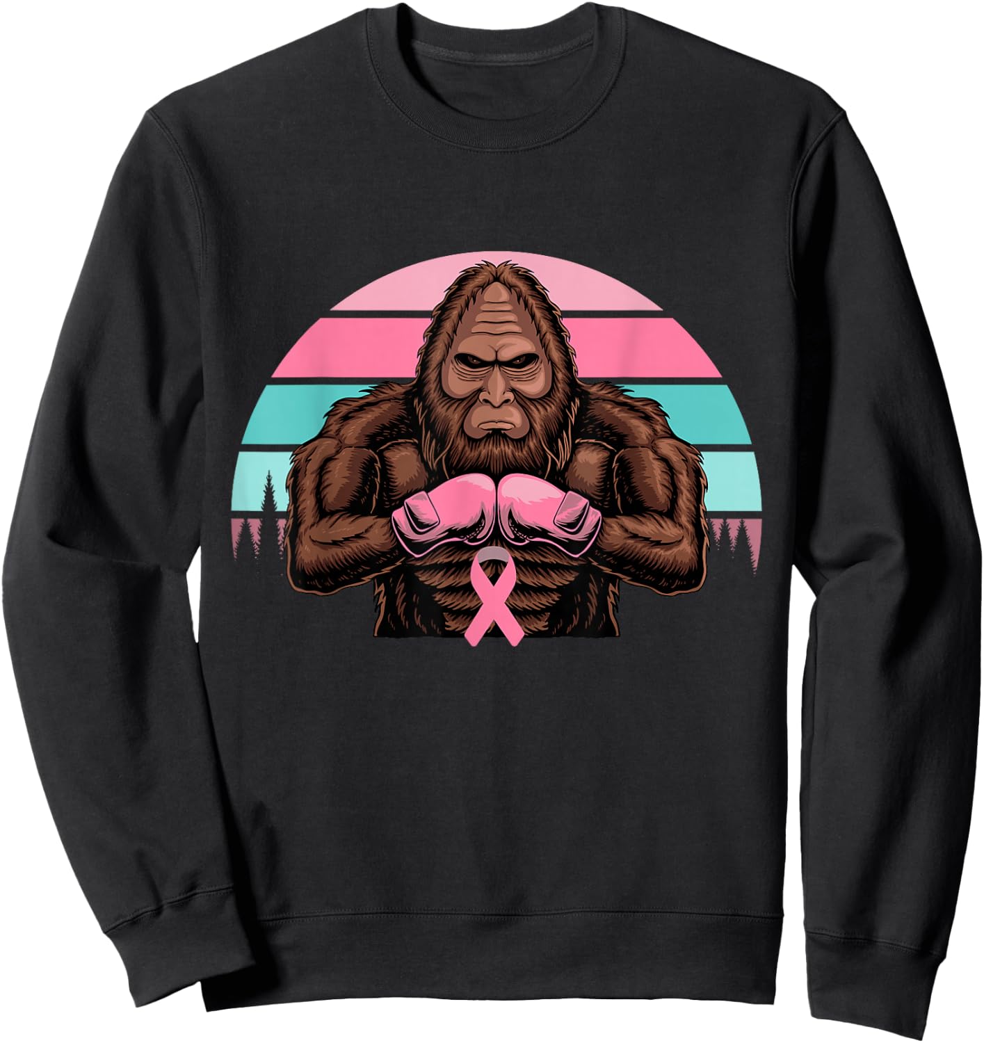 Bigfoot Boxing Pink Ribbon Breast Cancer Awareness Retro Sweatshirt - Sweatshirt | Black