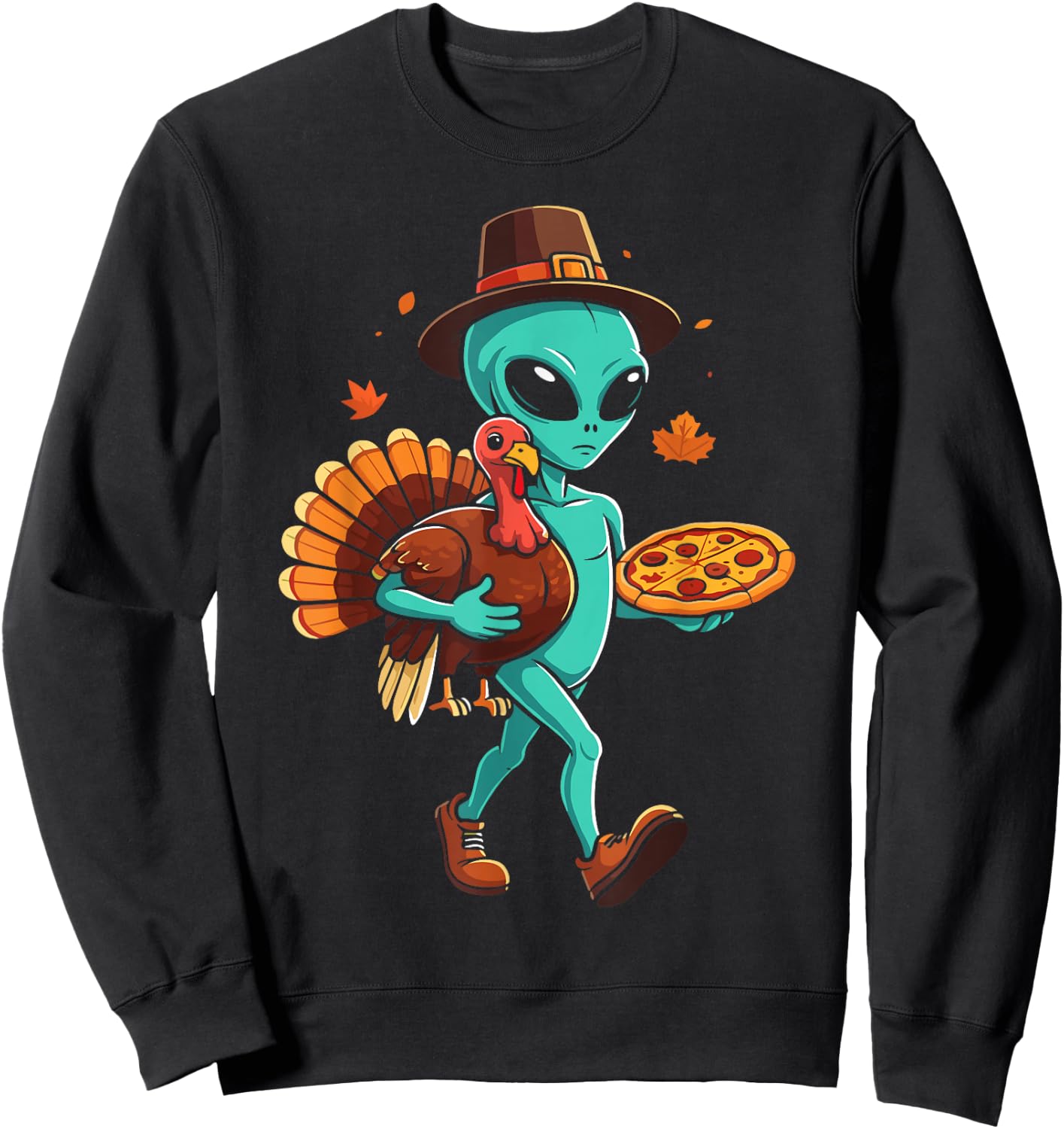 Alien turkey pizza thanksgiving day fall alien pilgrim Sweatshirt - Sweatshirt | Black