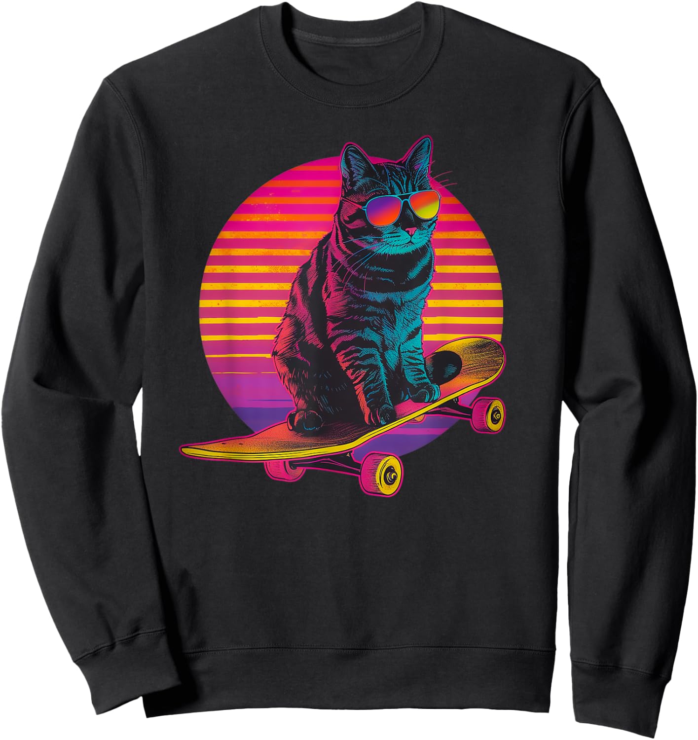 Retro Cat on Skateboard Retro Sunset Women Girls Kids Sweatshirt - Sweatshirt | Black