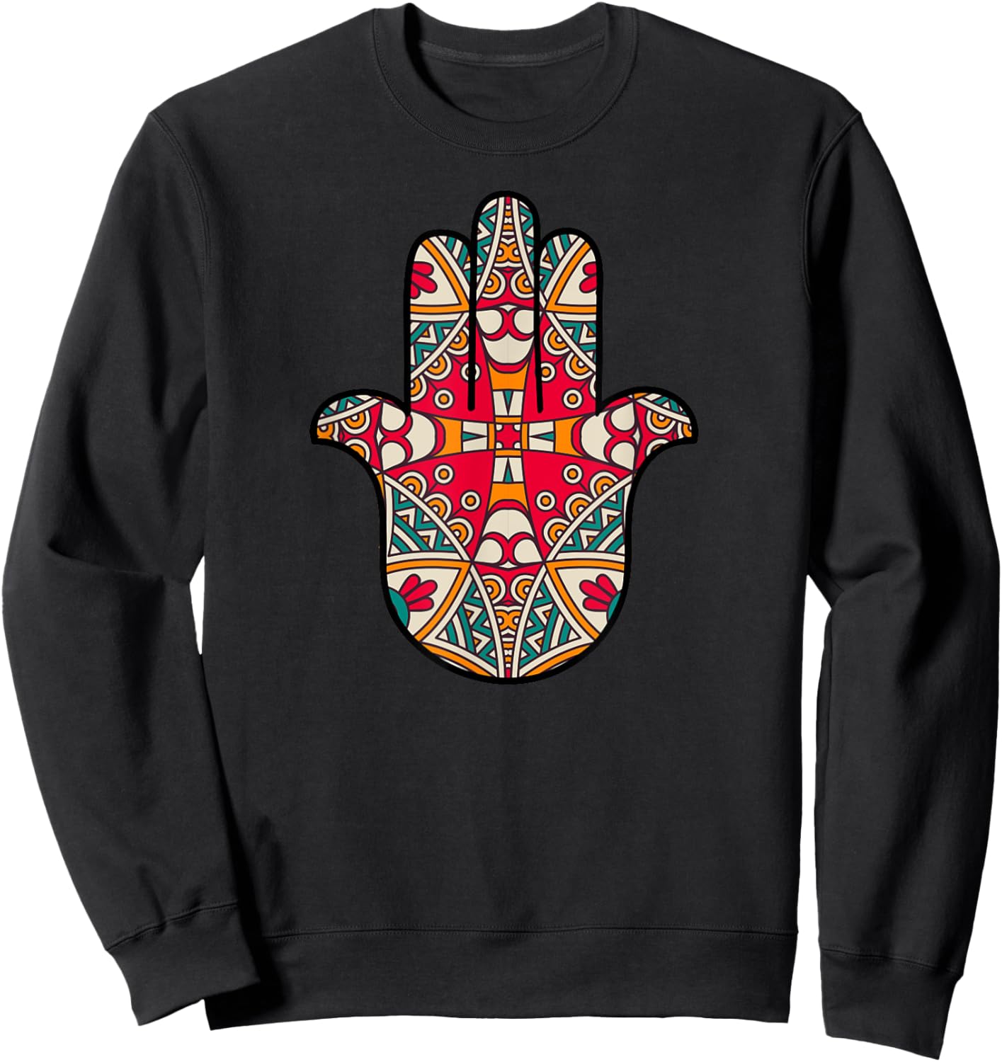 Hamsa Hand, Hamesh, Hand of Miriam Mandala Pattern Sweatshirt - Sweatshirt | Black