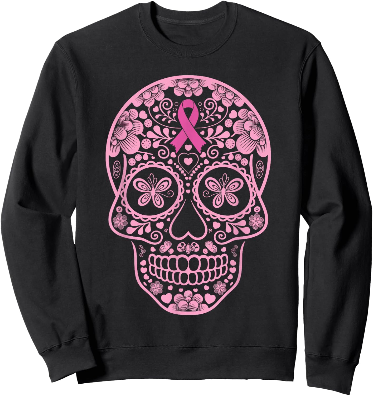 Sugar Skull Pink Ribbon Calavera Breast Cancer Awareness Sweatshirt - Sweatshirt | Black