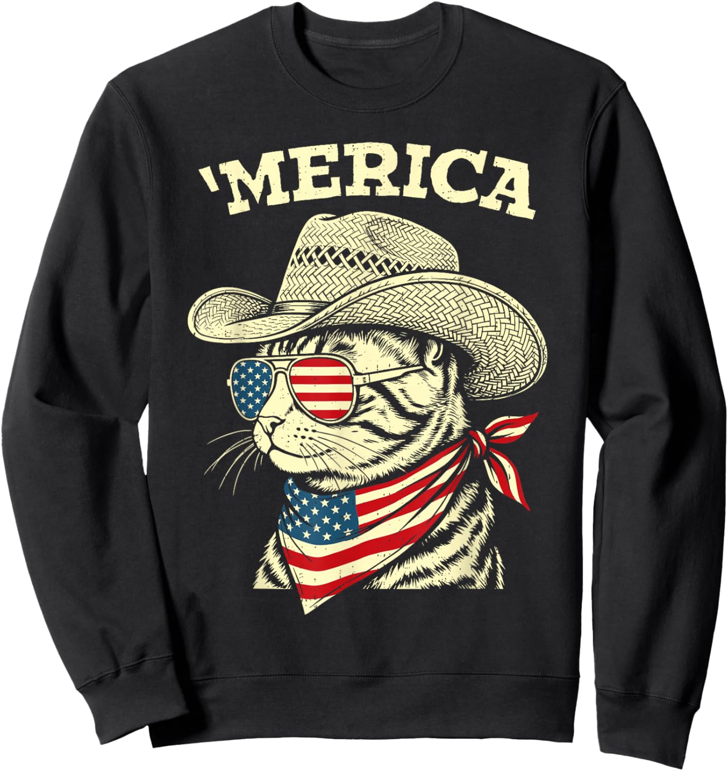 Funny USA Merica Cat 4th of July Patriotic America Men Women Sweatshirt - Sweatshirt | Black