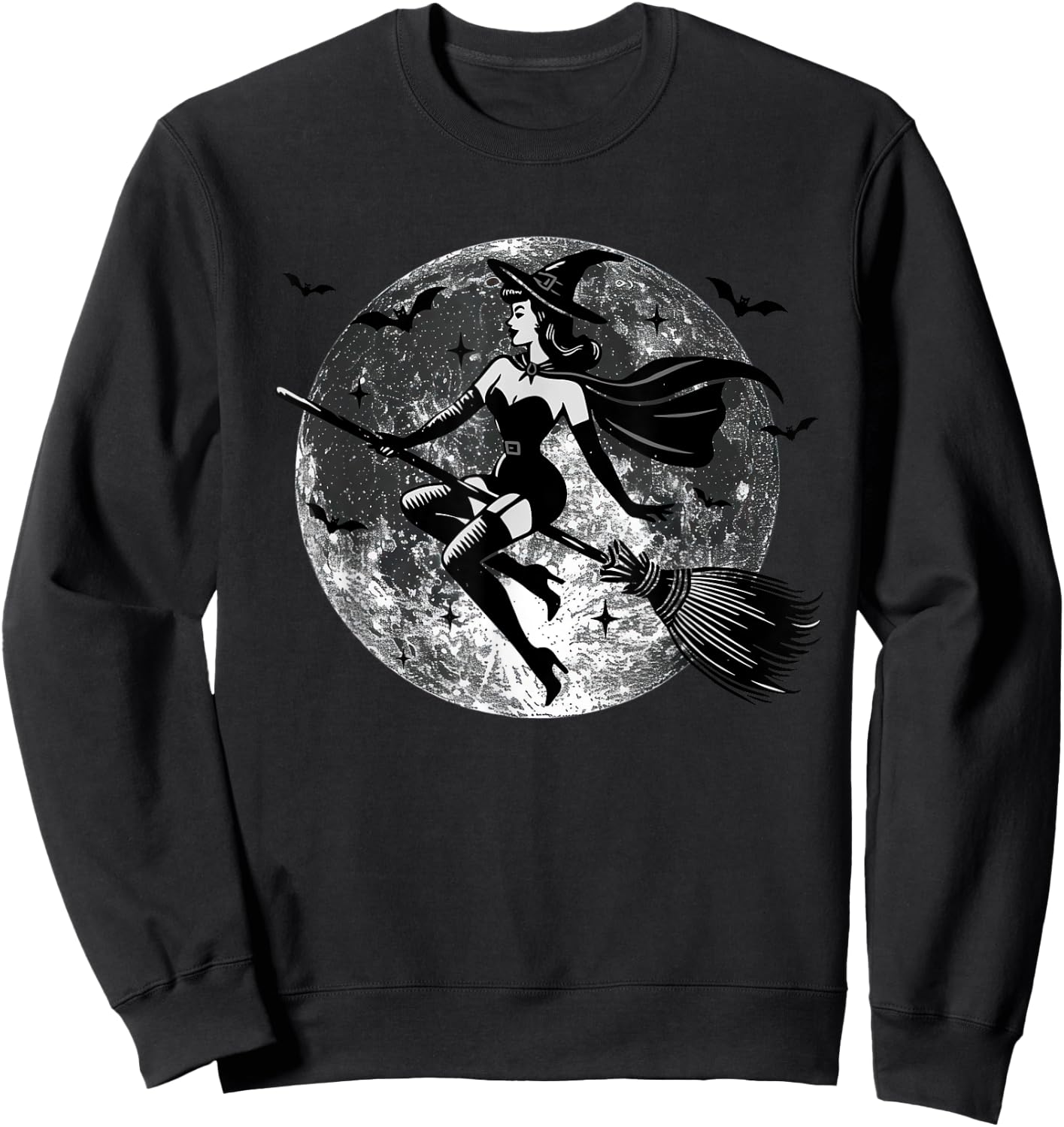 Retro Vintage Sexy Witch on the Broom Moon Halloween Sweatshirt - Sweatshirt | Black