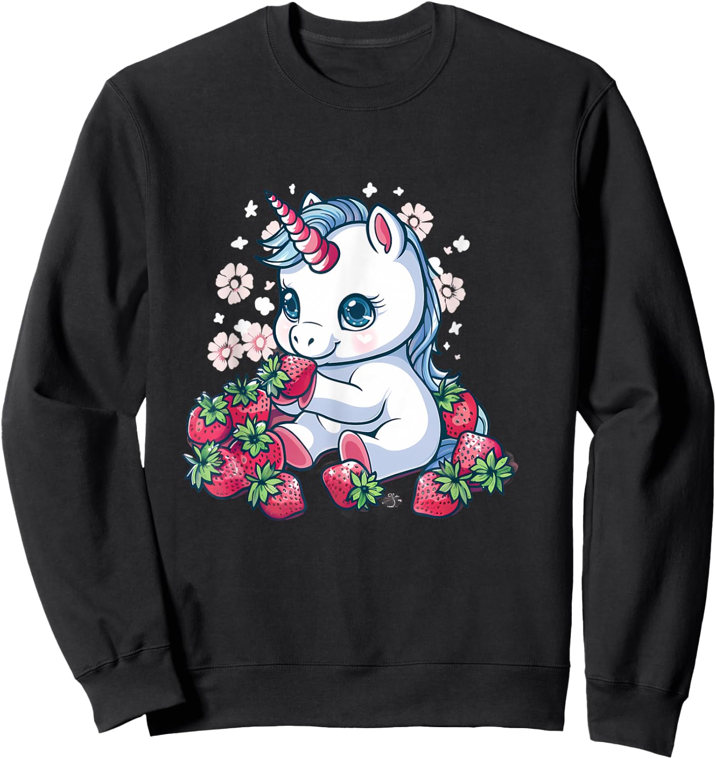 Strawberry Unicorn Cute Floral Strawberries Animal Print Sweatshirt - Sweatshirt | Black