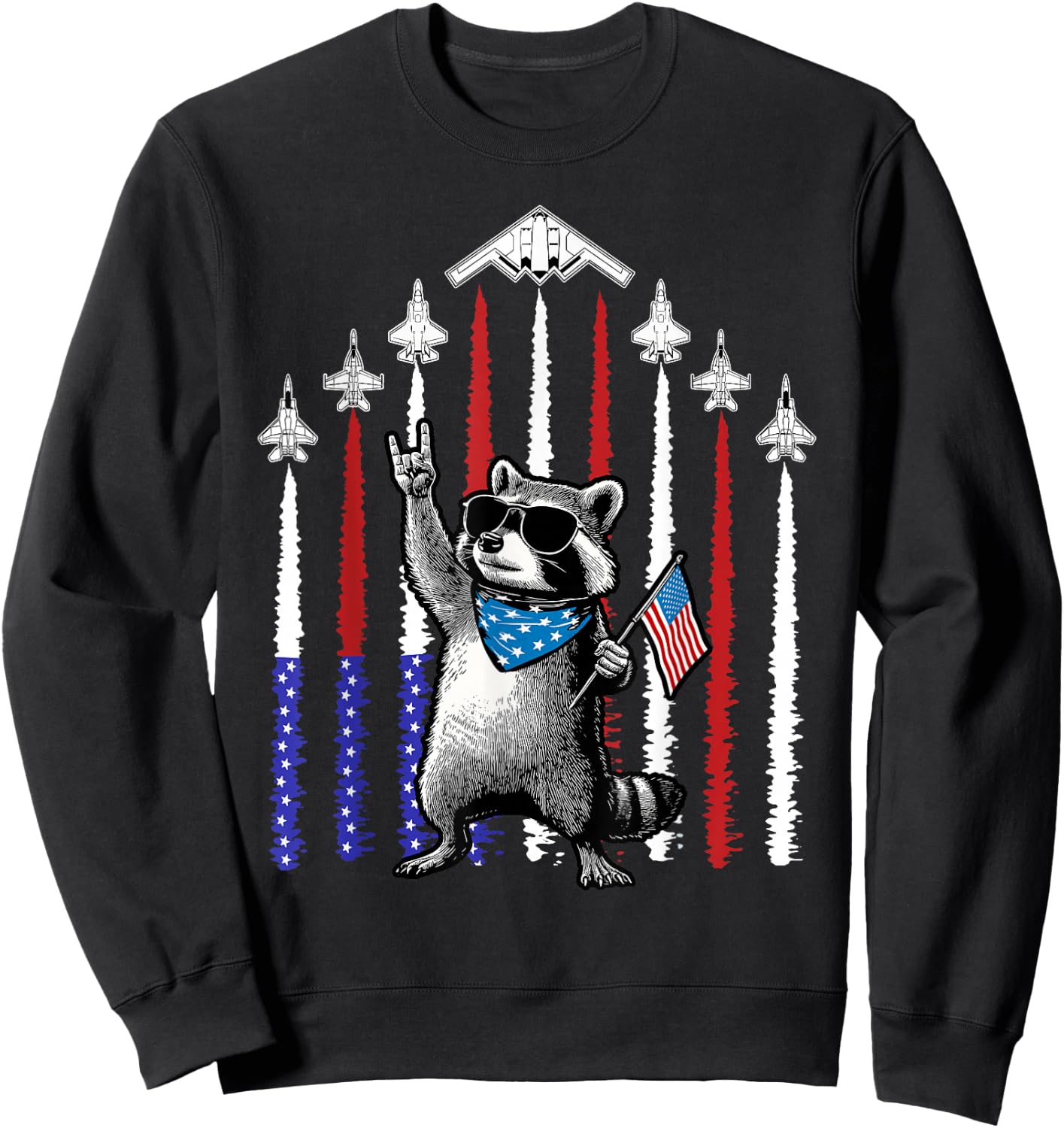 4th of July USA Flag Fighter Jets Raccoon Funny Patriotic Sweatshirt - Sweatshirt | Black