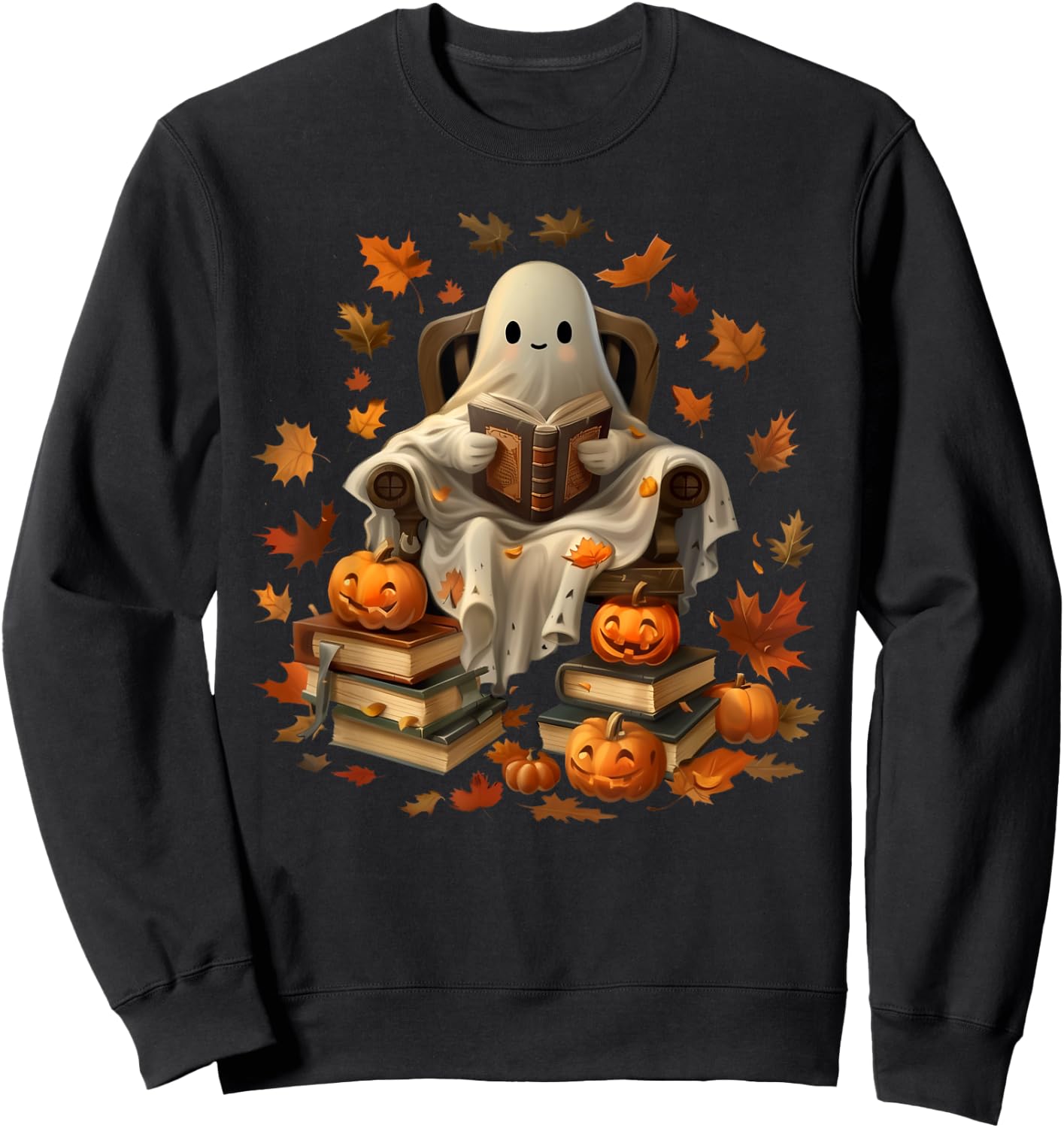 Vintage Ghost Book Reading Pumpkin Gothic Halloween Teachers Men Women Kids Sweatshirt - Sweatshirt | Black