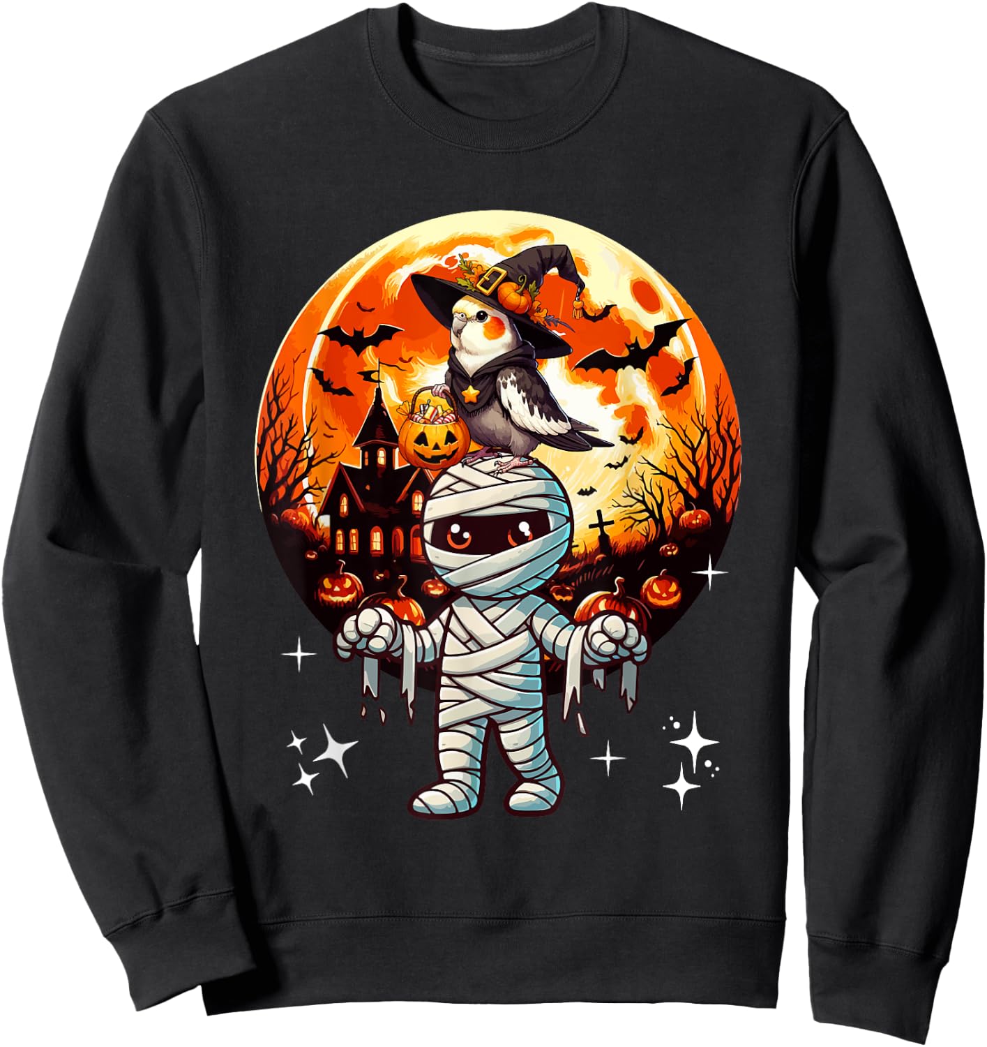 Cockatiel As Witch On Mummy Halloween Candies Basket Pumpkin Sweatshirt - Sweatshirt | Black