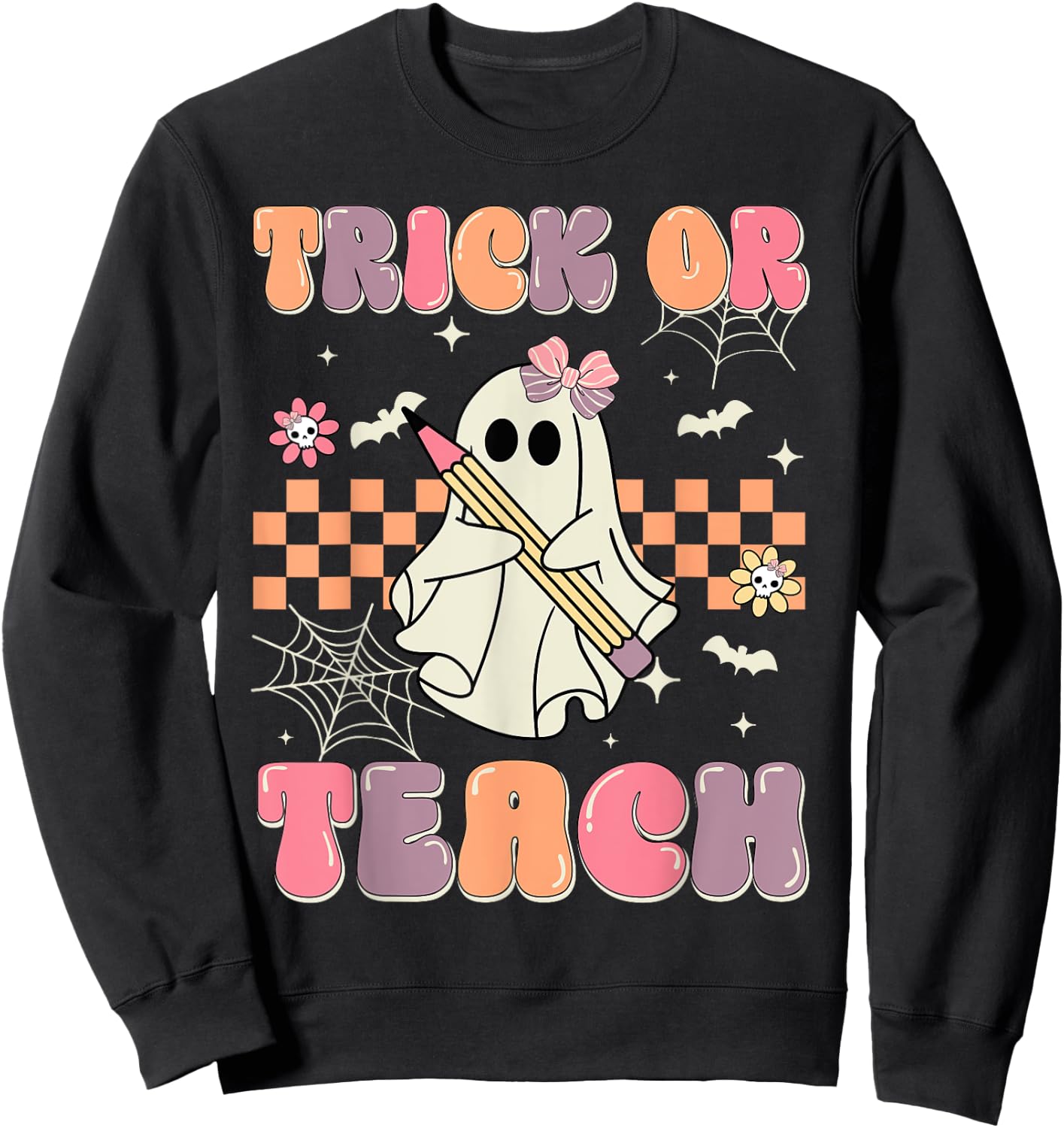 Funny Halloween Teachers Trick Or Teach Groovy Ghost Women Kids Sweatshirt - Sweatshirt | Black