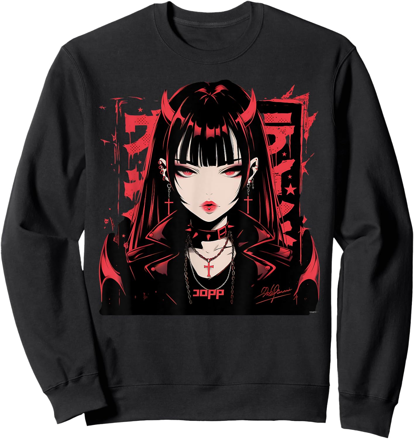 Goth Grunge Demon Anime Girl Waifu Horror Alt Aesthetic Sweatshirt - Sweatshirt | Black