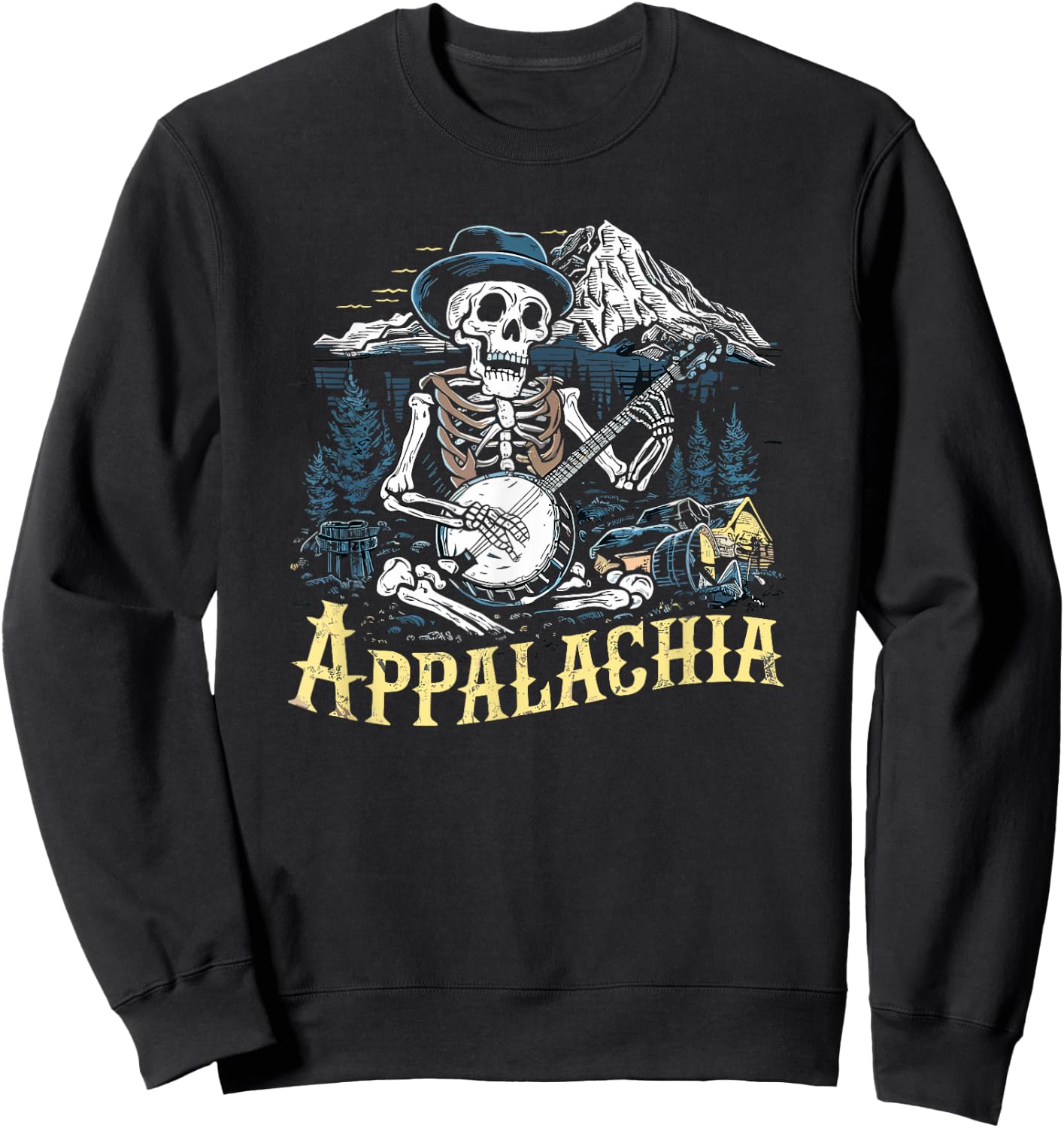 Bluegrass Banjo Skeleton, Appalachia Country Bluegrass Music Sweatshirt - Sweatshirt | Black
