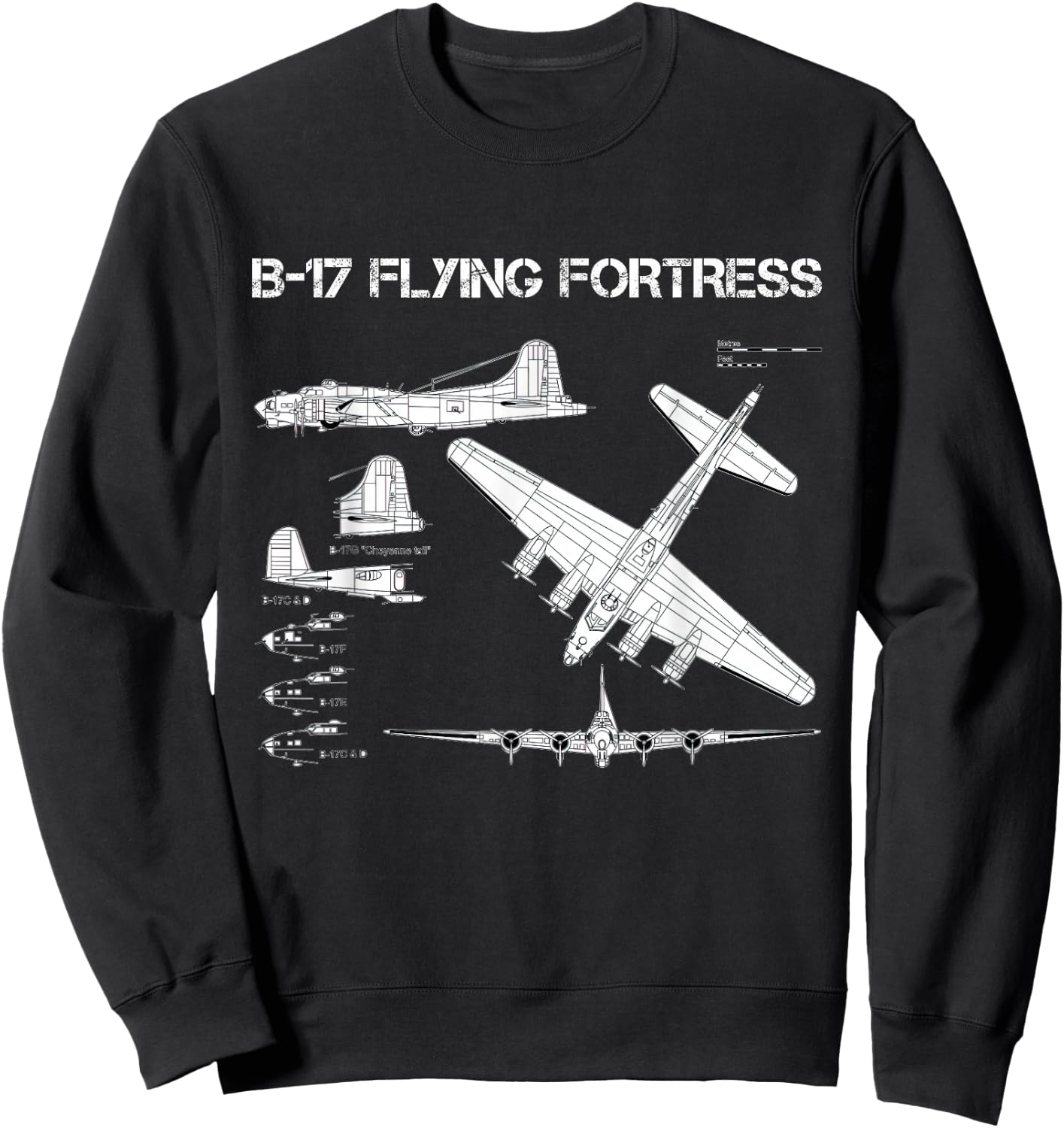 B-17 Flying Fortress WW2 Heavy Bomber Aircraft Blueprint Sweatshirt - Sweatshirt | Black