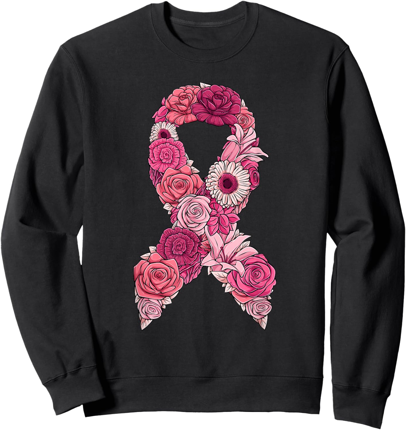 Pink Ribbon With Flowers Breast Cancer Awareness Sweatshirt - Sweatshirt | Black