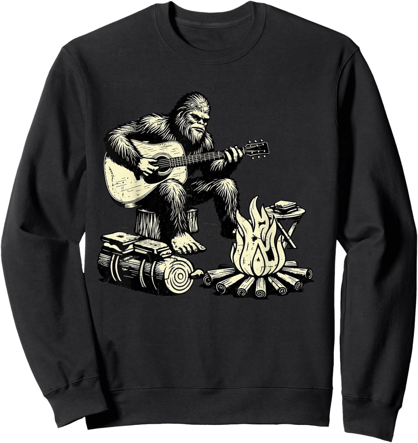 Camping Bigfoot Smore Rock Bigfoot Playing Guitar Campfire Sweatshirt - Sweatshirt | Black