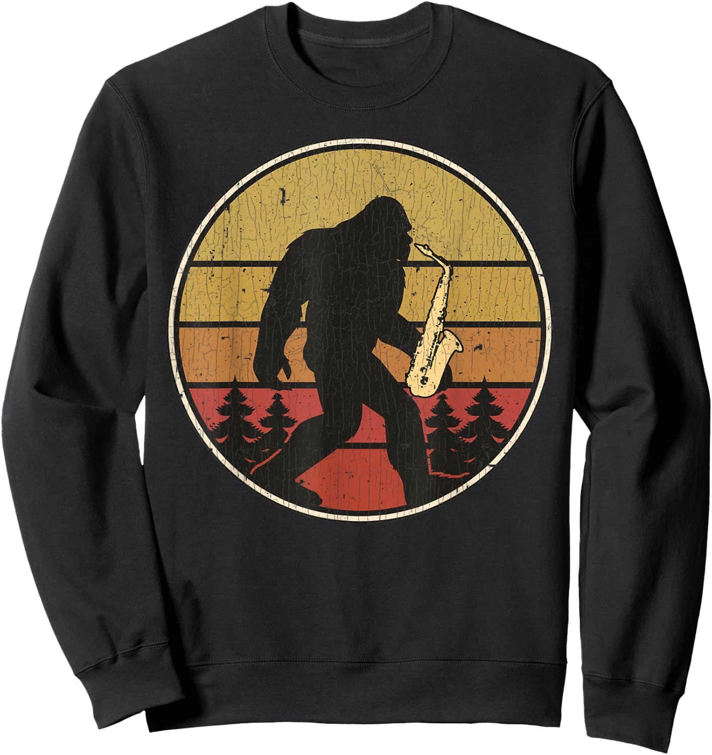 Saxsquatch Funny Bigfoot Saxophone Retro Sun Graphic Sweatshirt - Sweatshirt | Black