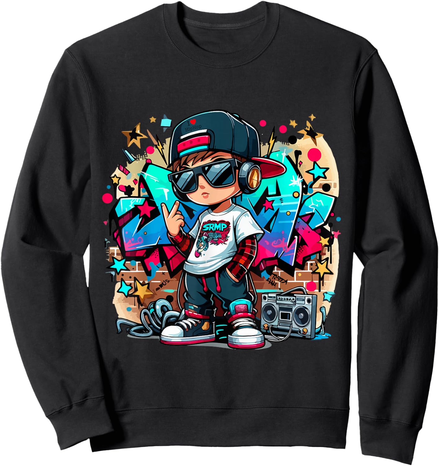 Cool Hip Hop Guy with Graffiti Illustration Graphic Style Sweatshirt - Sweatshirt | Black