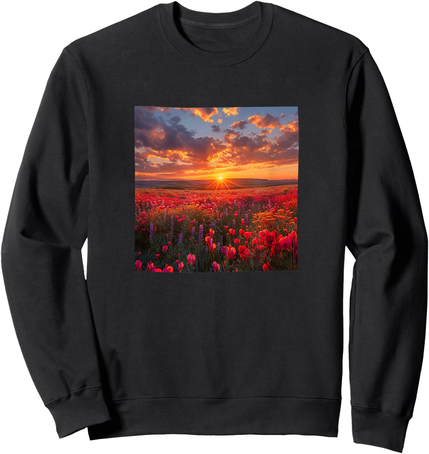 Bleeding Heart Flower Field Beautiful Sunset Graphic Sweatshirt - Sweatshirt | Black