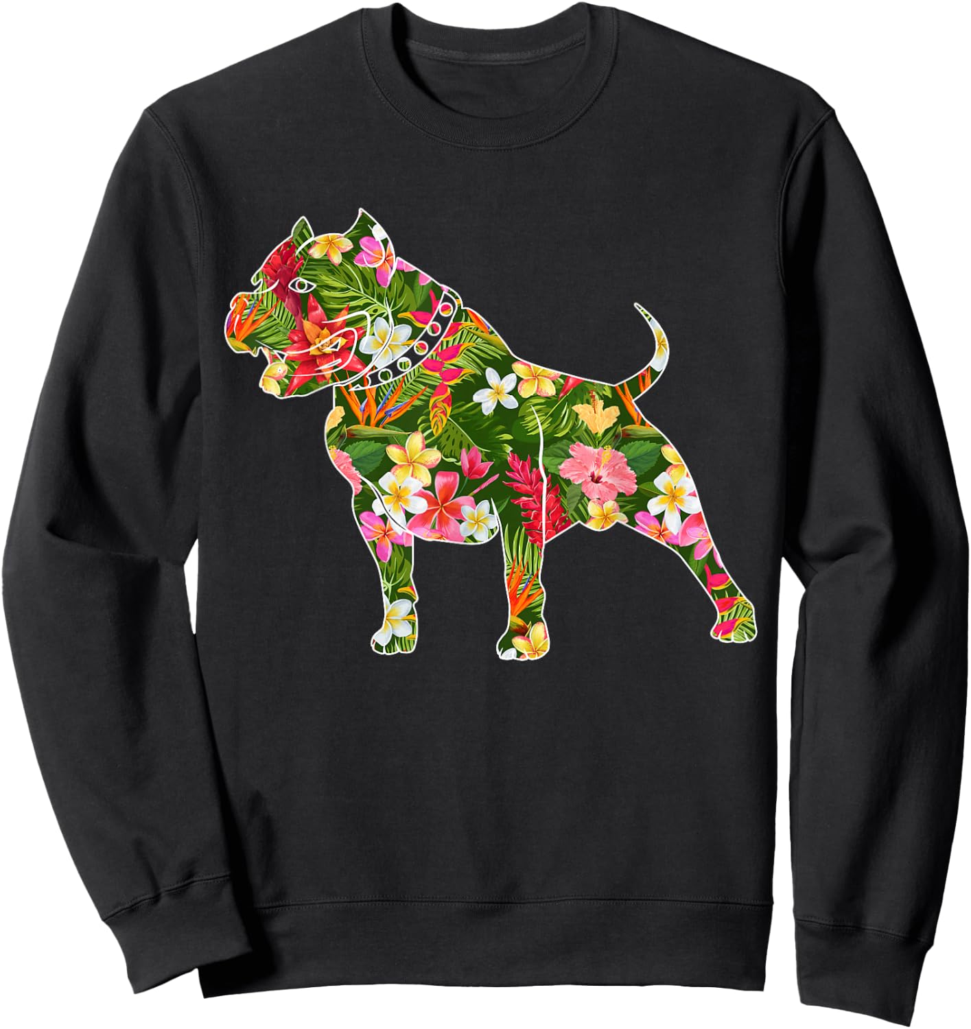 Cute Silhouette Of Pitbull Dog Hawaiian Floral Summer Vibes Sweatshirt - Sweatshirt | Black
