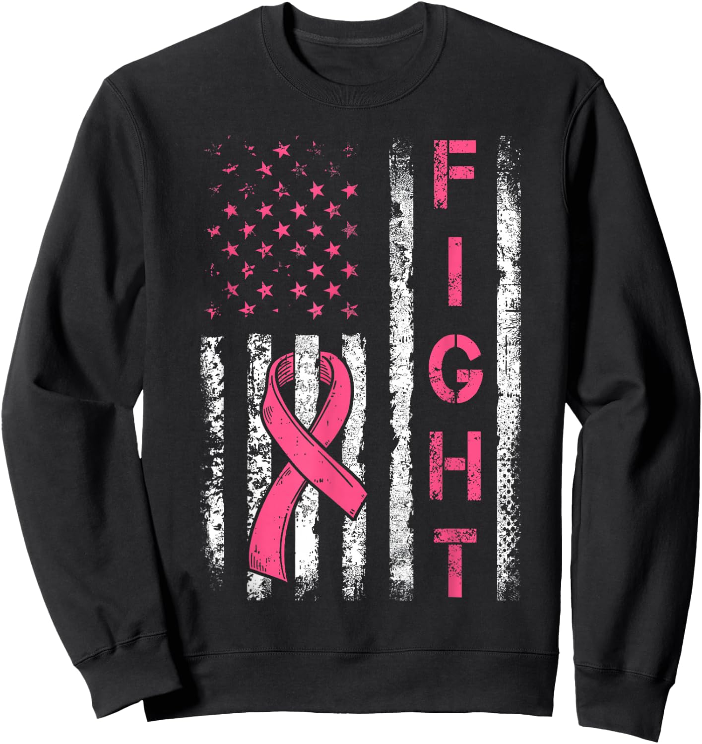 Fight Breast Cancer Awareness Pink Ribbon American Flag Sweatshirt - Sweatshirt | Black