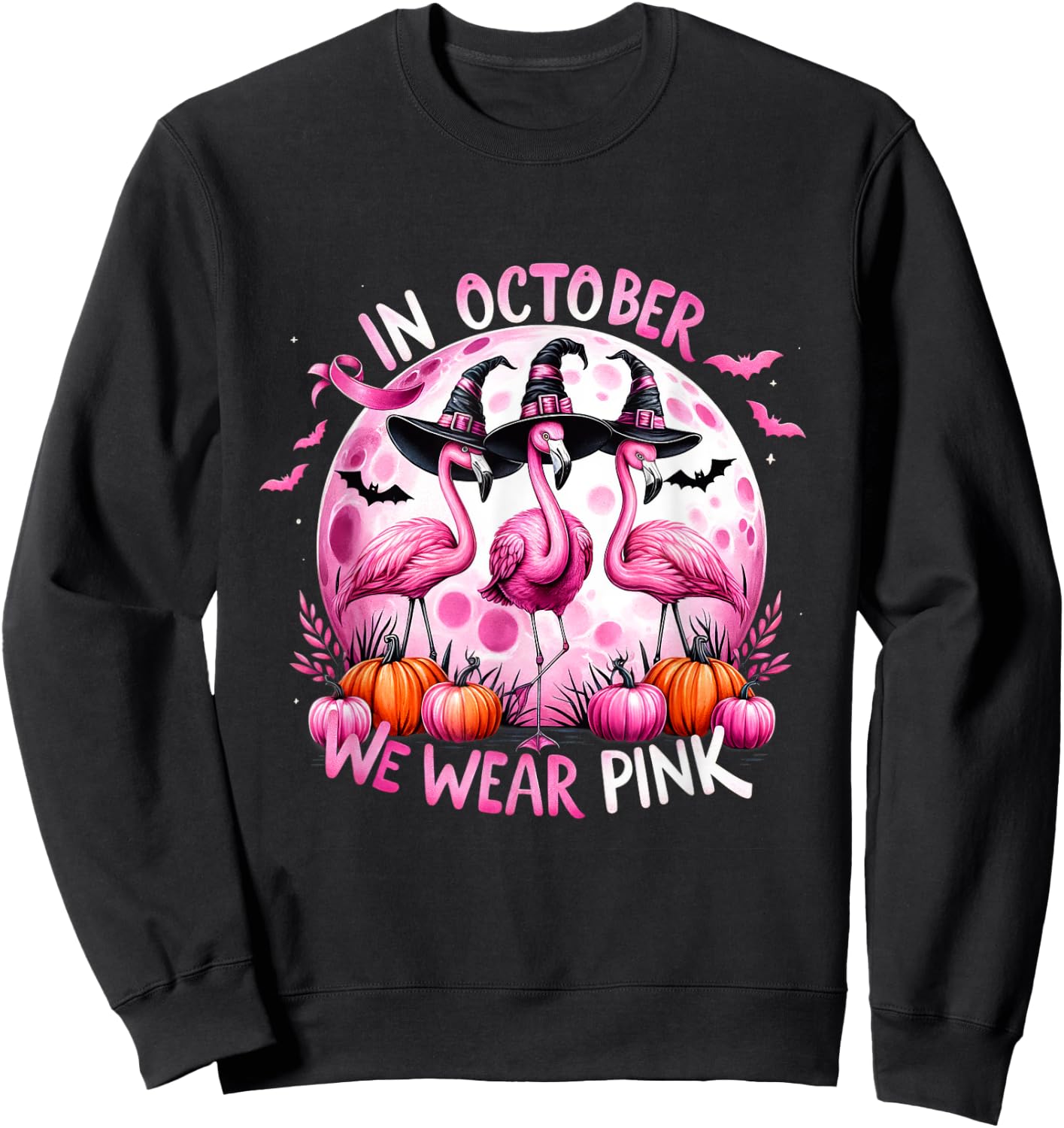 Flamingo In October We Wear Pink Breast Cancer Halloween Sweatshirt - Sweatshirt | Black