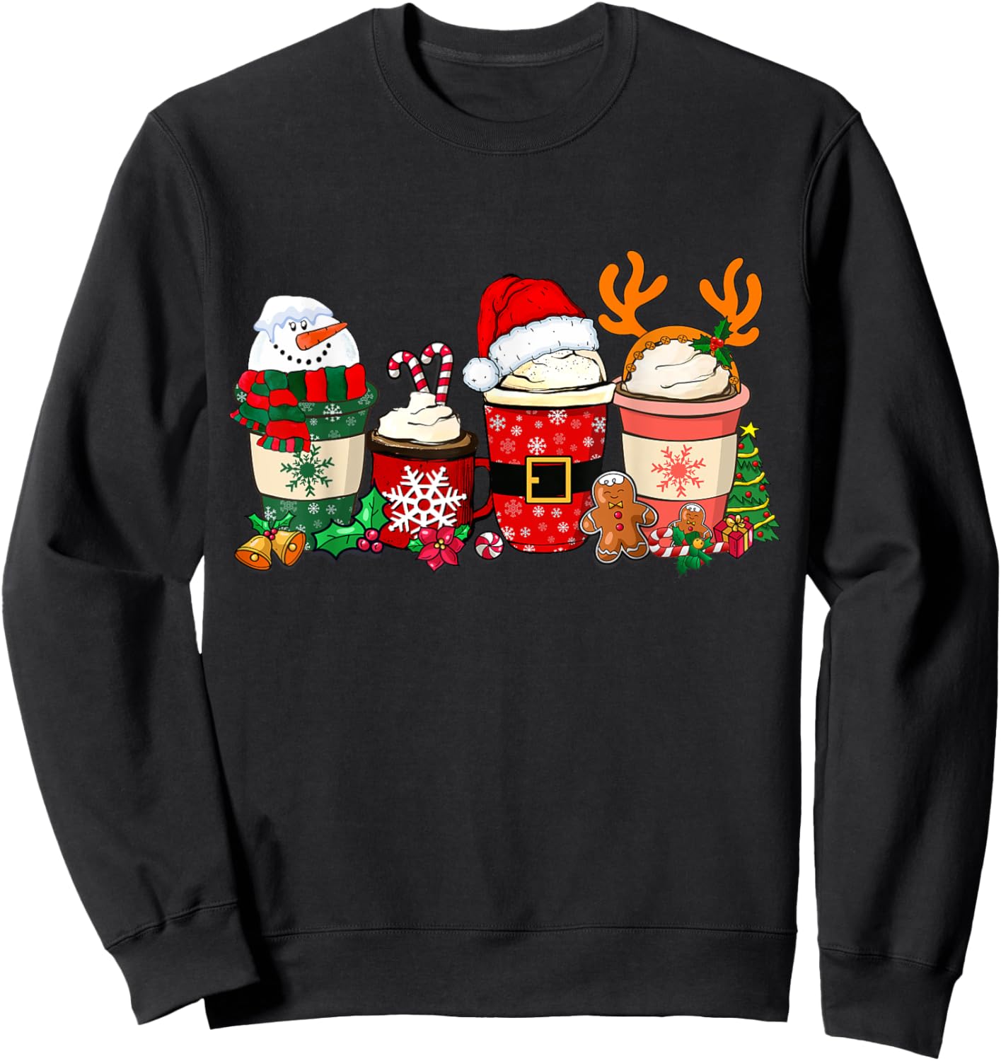 Cute Christmas Coffee Shirt Snowman Deer Santa Coffee Xmas Sweatshirt - Sweatshirt | Black