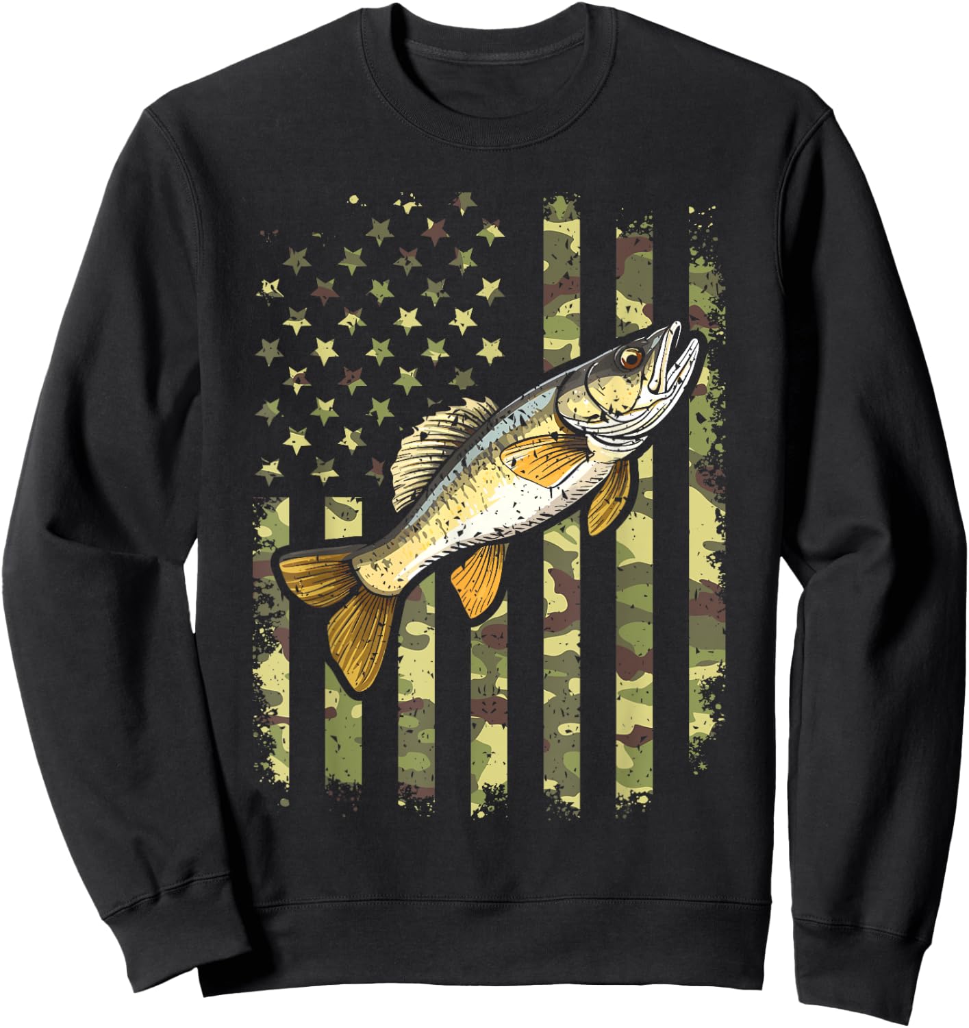Walleye Camo American Flag, Fishing Walleye Sweatshirt - Sweatshirt | Black
