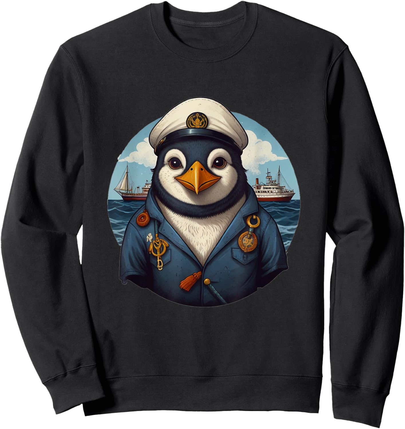Penguin Captain Sailor on High Seas Coast Ship Anchor Sweatshirt - Sweatshirt | Black