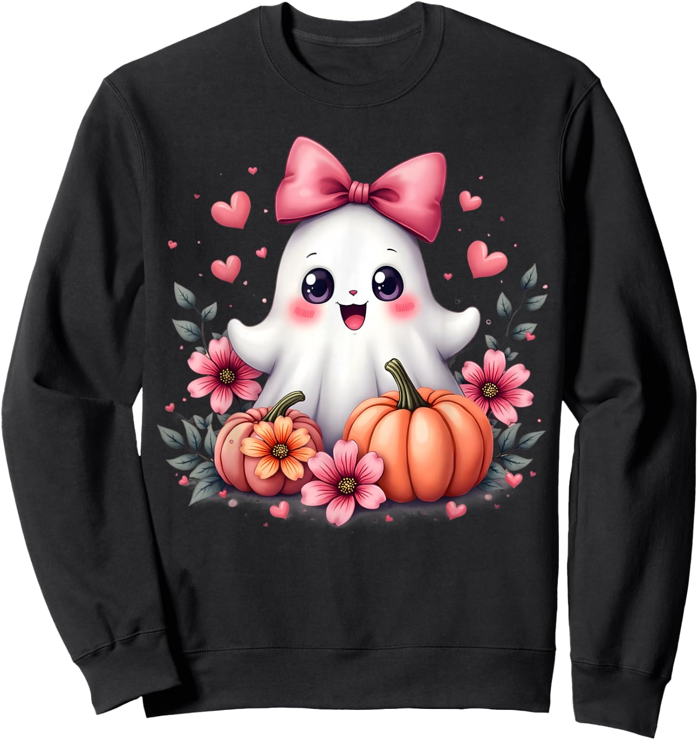 Cute Kawaii Ghost with Pink Bow Halloween Pumpkin Flowers Sweatshirt - Sweatshirt | Black