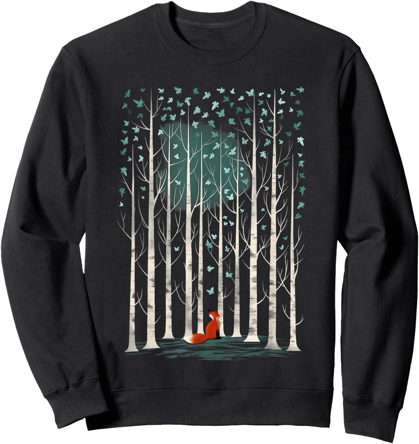 The Silent Observer: a fox in forest woods with birch trees Sweatshirt - Sweatshirt | Black