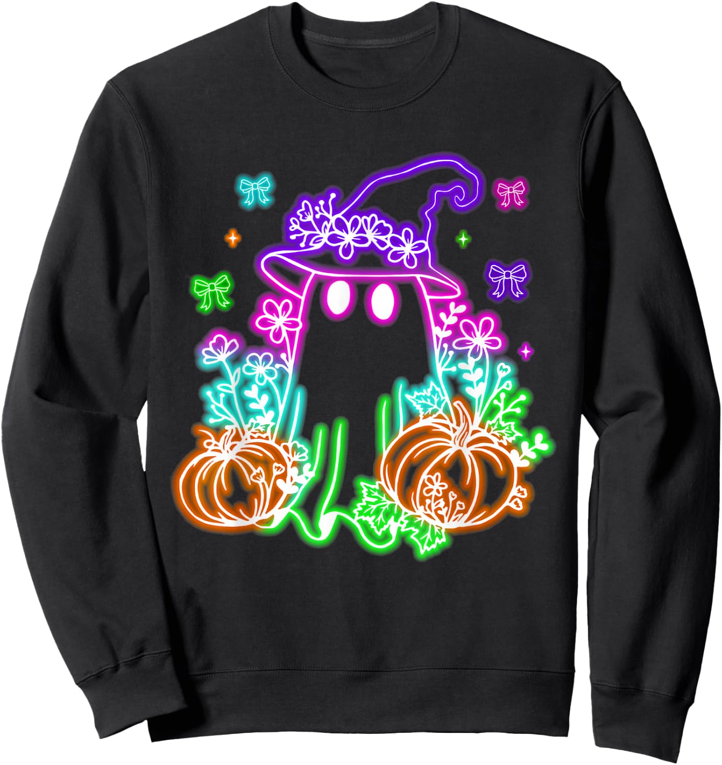Cute Boo Halloween Ghost Witch Pumpkin Trendy Halloween Neon Sweatshirt - Sweatshirt | Black