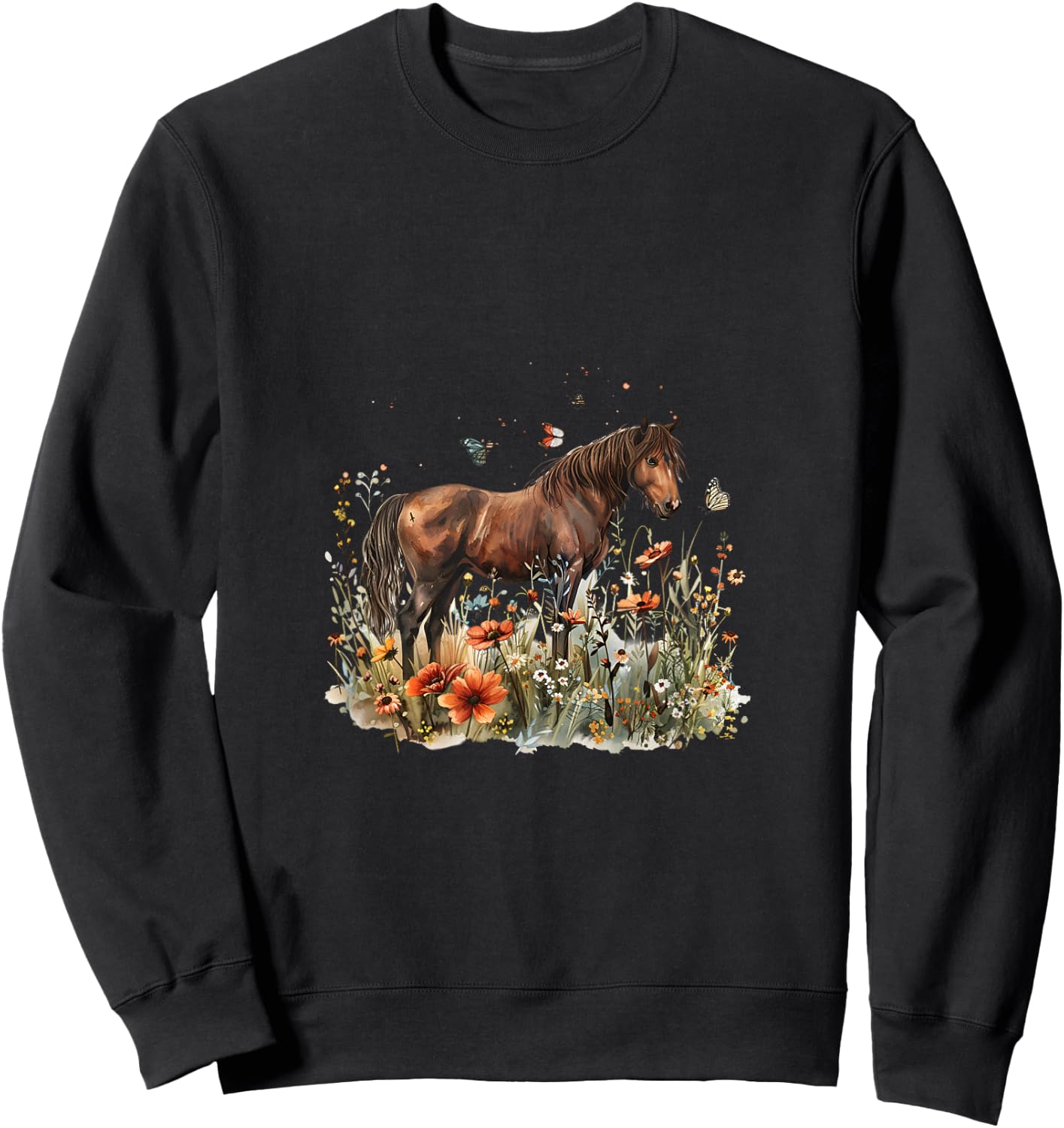 Horse in Flower Meadow with Butterflies Sweatshirt - Sweatshirt | Black