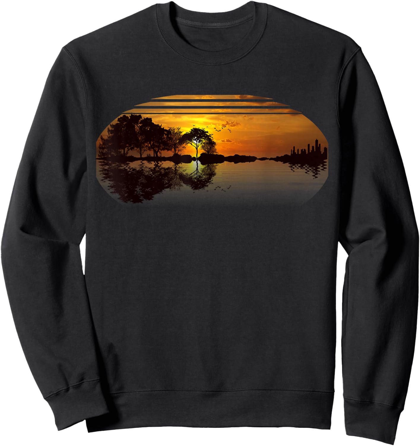 Guitar Sunset Sky Trees City Lake Reflection Stylish Design Sweatshirt - Sweatshirt | Black
