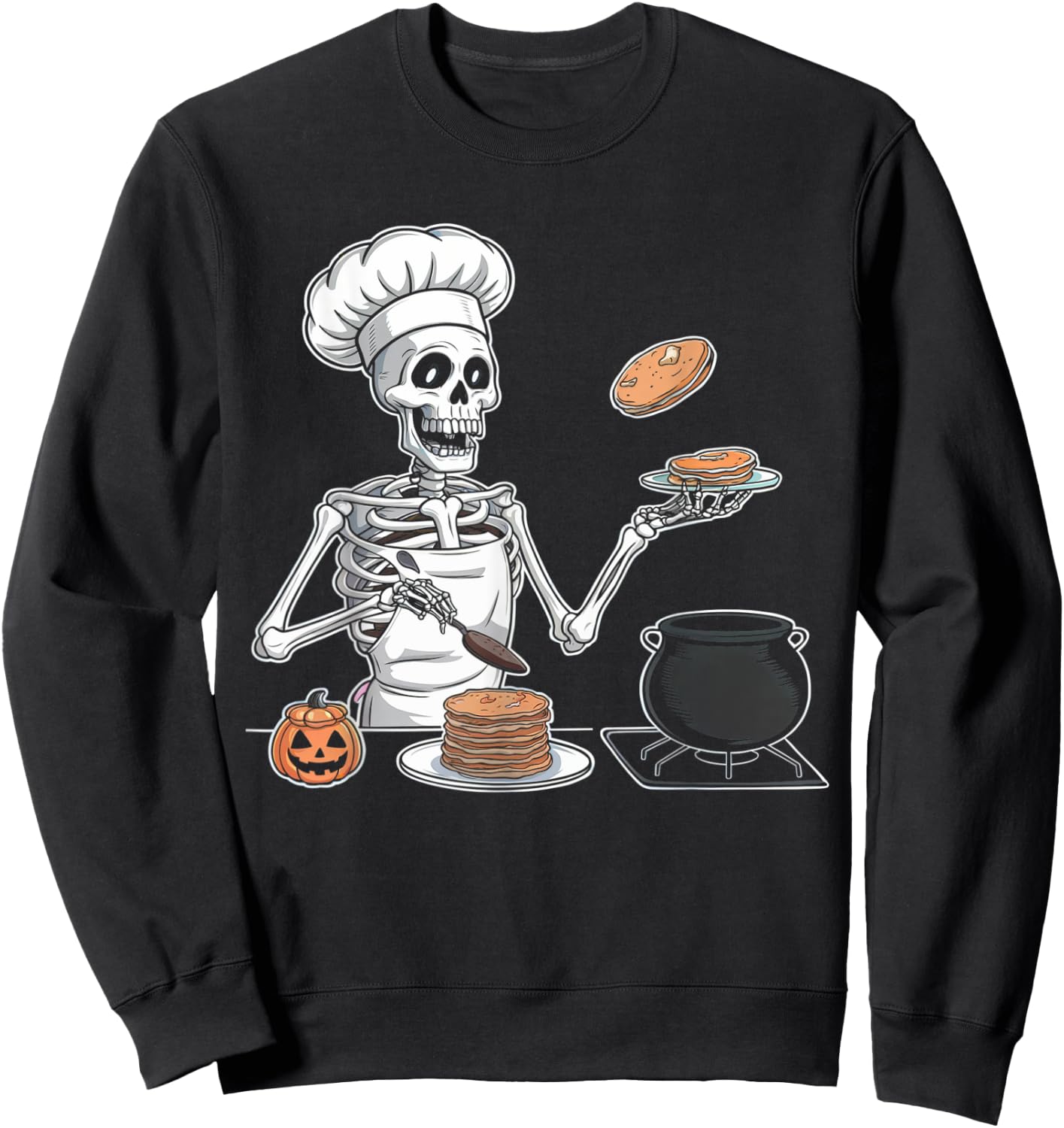 Skeleton Cooking Halloween Shirt Spooky Chef Pancakes Cook Sweatshirt - Sweatshirt | Black